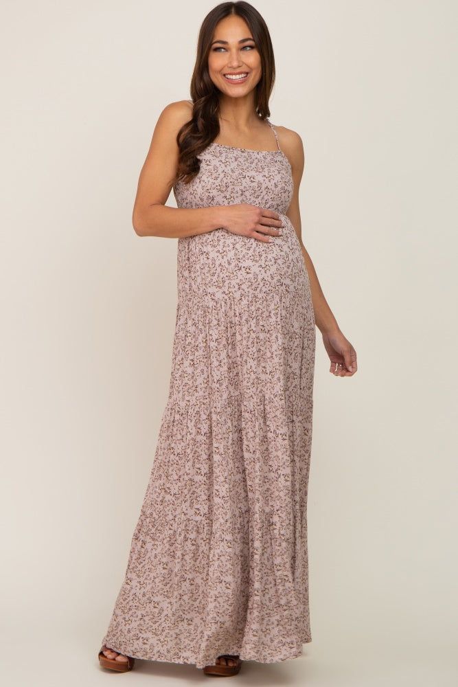 Taupe Floral Tiered Maternity Maxi Dress sold by Pinkblush