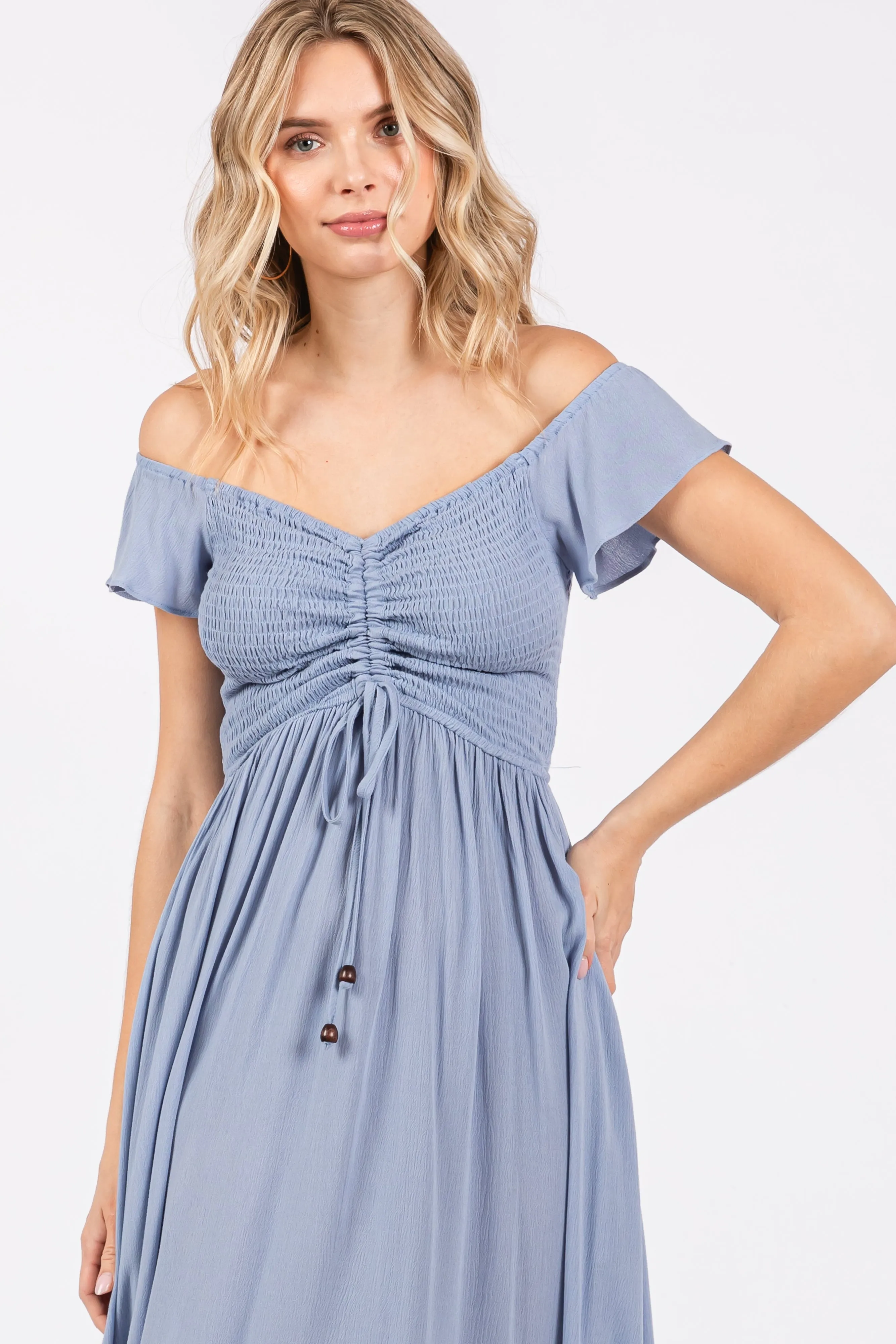 Light Blue Smocked Ruched Ruffle Hem Maxi Dress sold by Pinkblush product image thumbnail 5