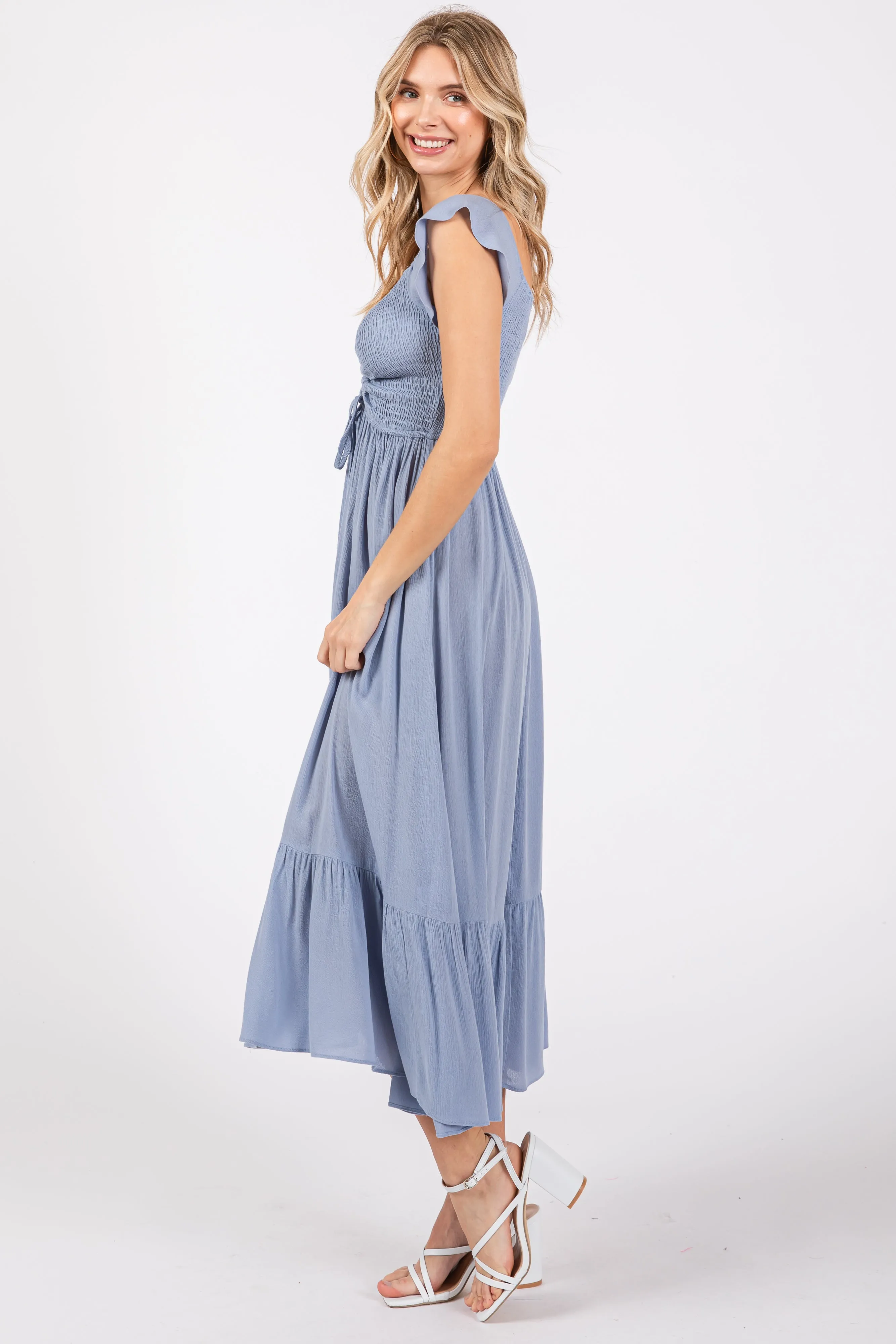 Light Blue Smocked Ruched Ruffle Hem Maxi Dress sold by Pinkblush product image thumbnail 2
