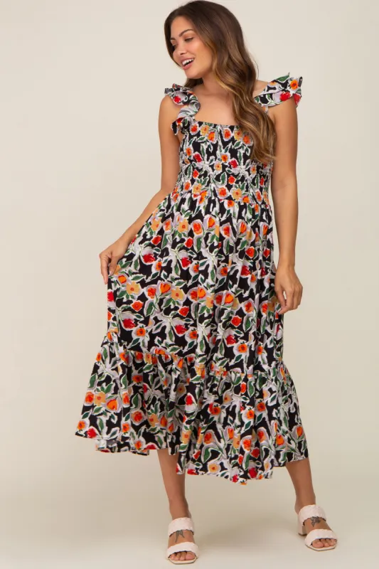 Black Floral Sleeveless Ruffle Maternity Maxi Dress sold by Pinkblush
