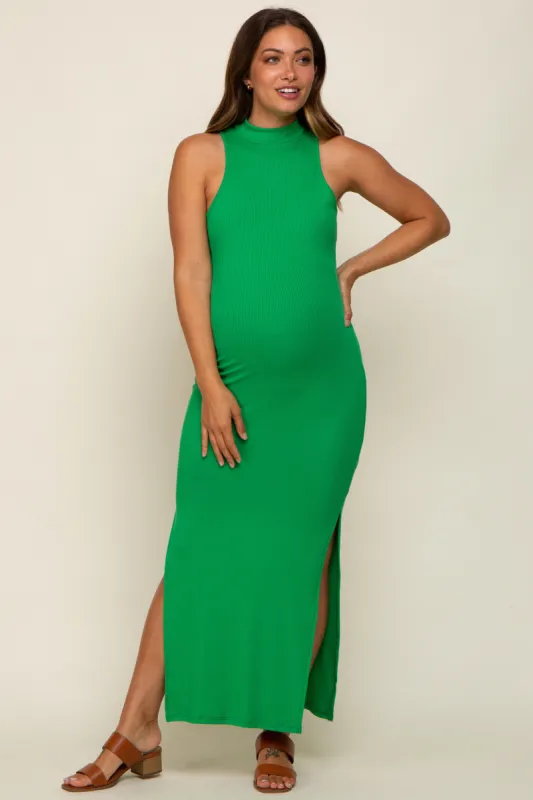 Green Ribbed Side Slit Maternity Maxi Dress sold by Pinkblush