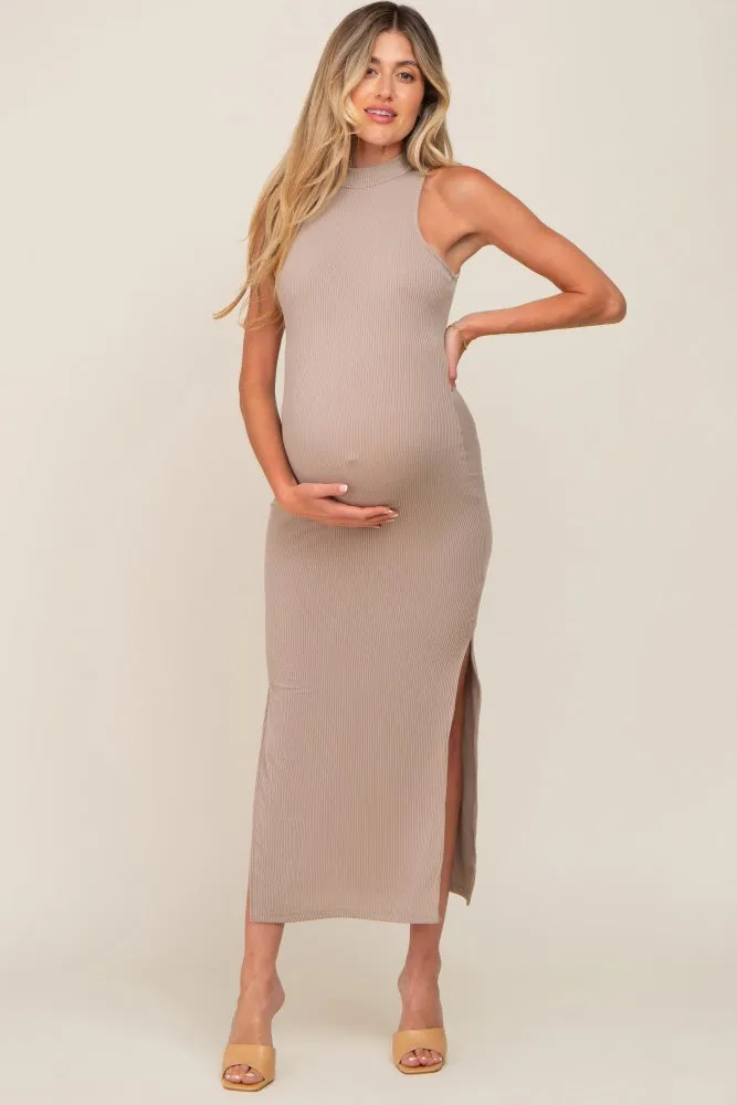 Taupe Ribbed Side Slit Maternity Maxi Dress sold by Pinkblush