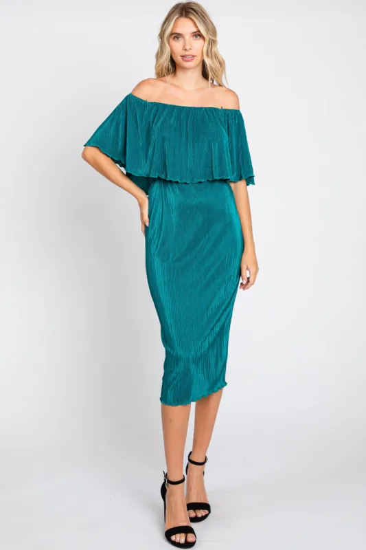 Forest Green Pleated Rib Off Shoulder Dress sold by Pinkblush