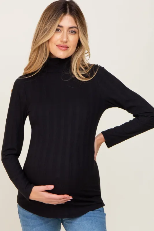 Black Long Sleeve Ribbed Turtleneck Maternity Top sold by Pinkblush