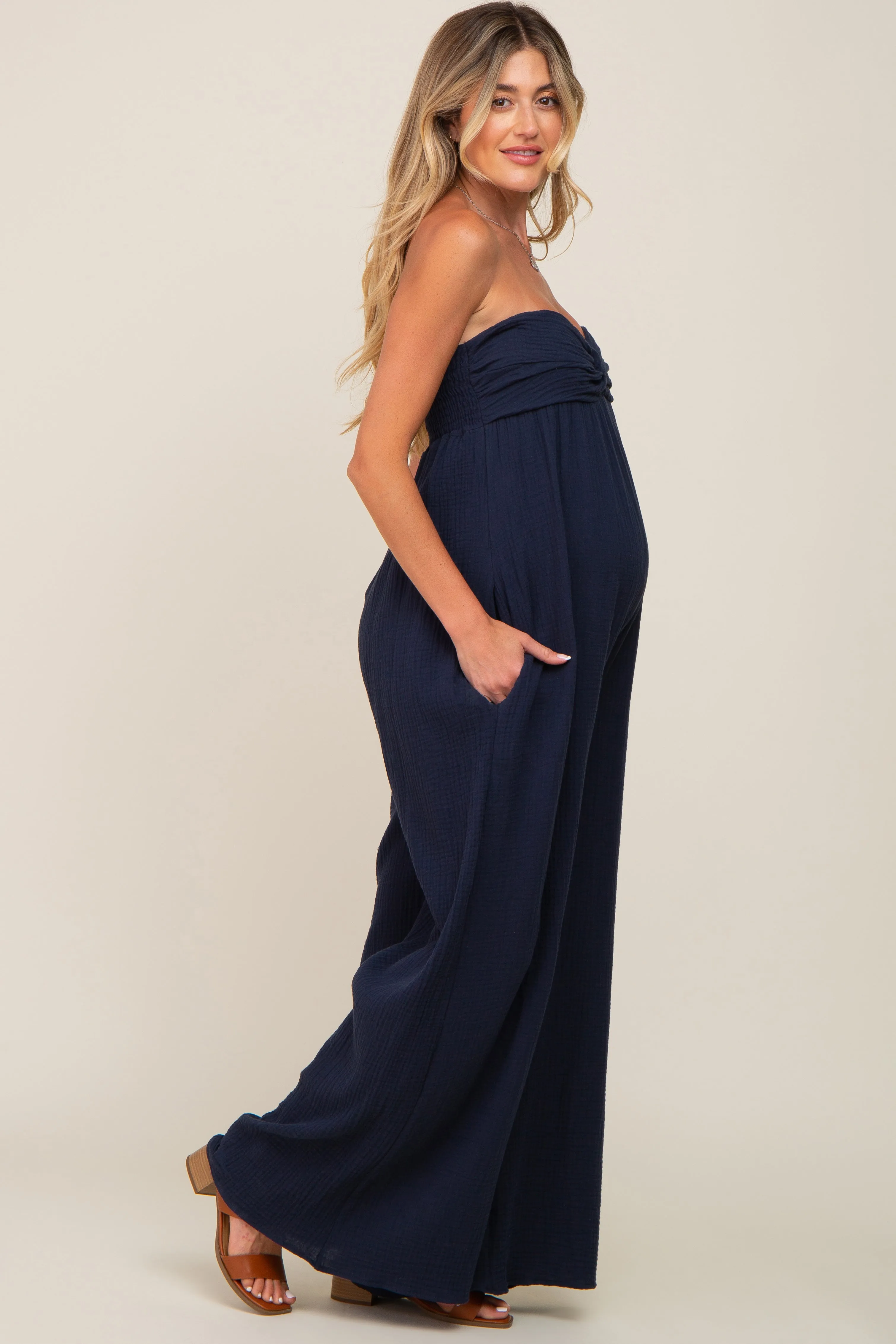 Navy Strapless Front Twist Maternity Jumpsuit sold by Pinkblush product image thumbnail 2