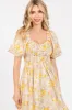 Yellow Floral Smocked Sweetheart Neck Short Puff Sleeve Midi Dress sold by Pinkblush