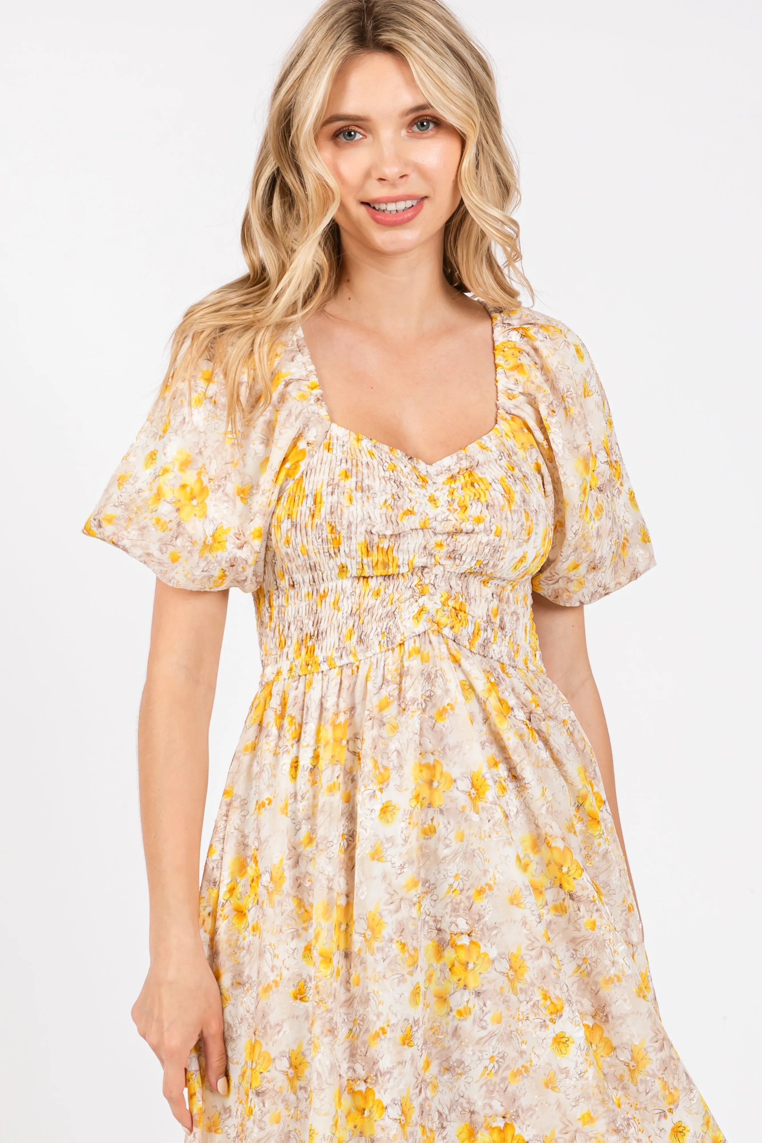 Yellow Floral Smocked Sweetheart Neck Short Puff Sleeve Midi Dress sold by Pinkblush product image thumbnail 4