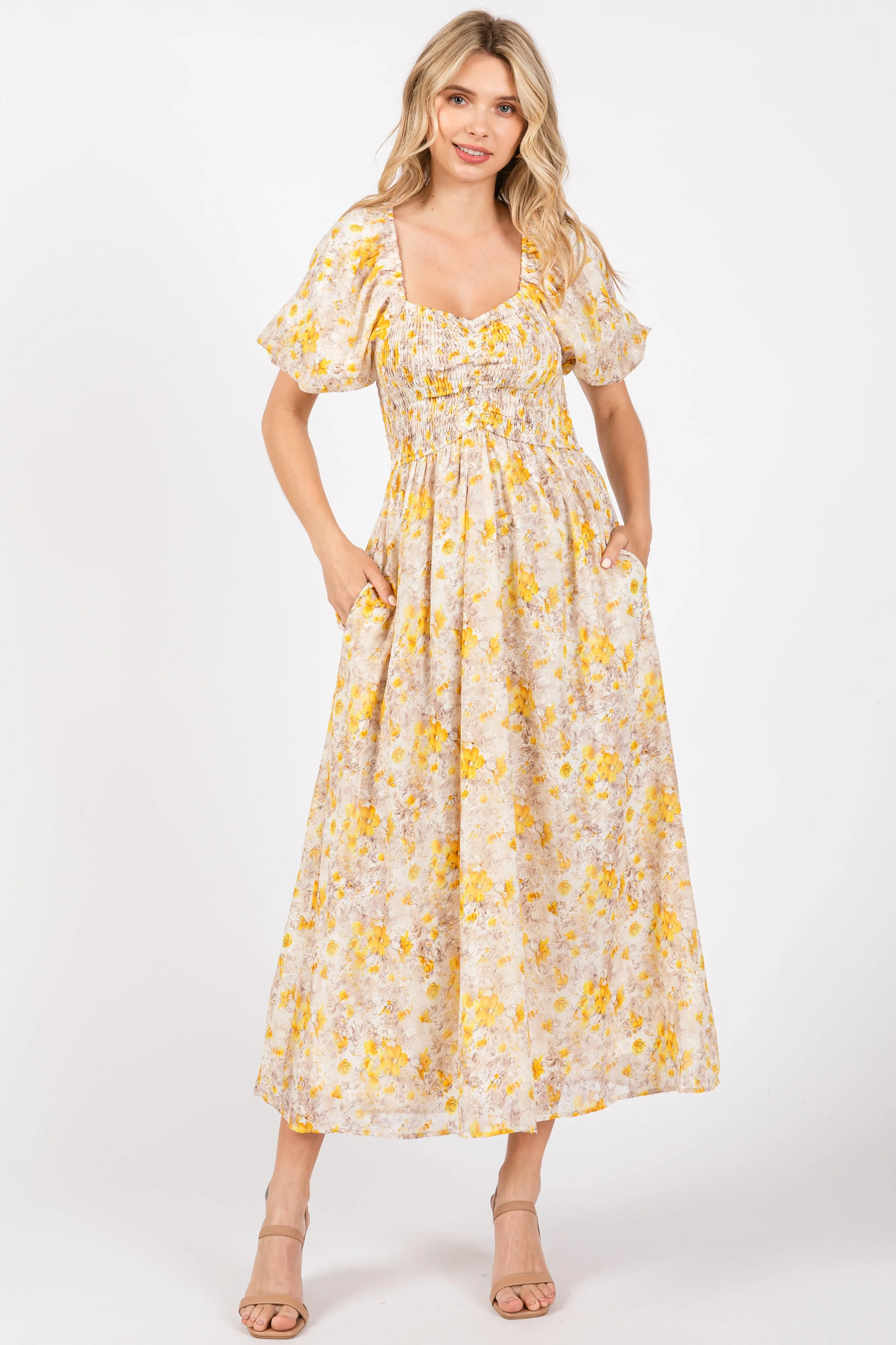 Yellow Floral Smocked Sweetheart Neck Short Puff Sleeve Midi Dress sold by Pinkblush