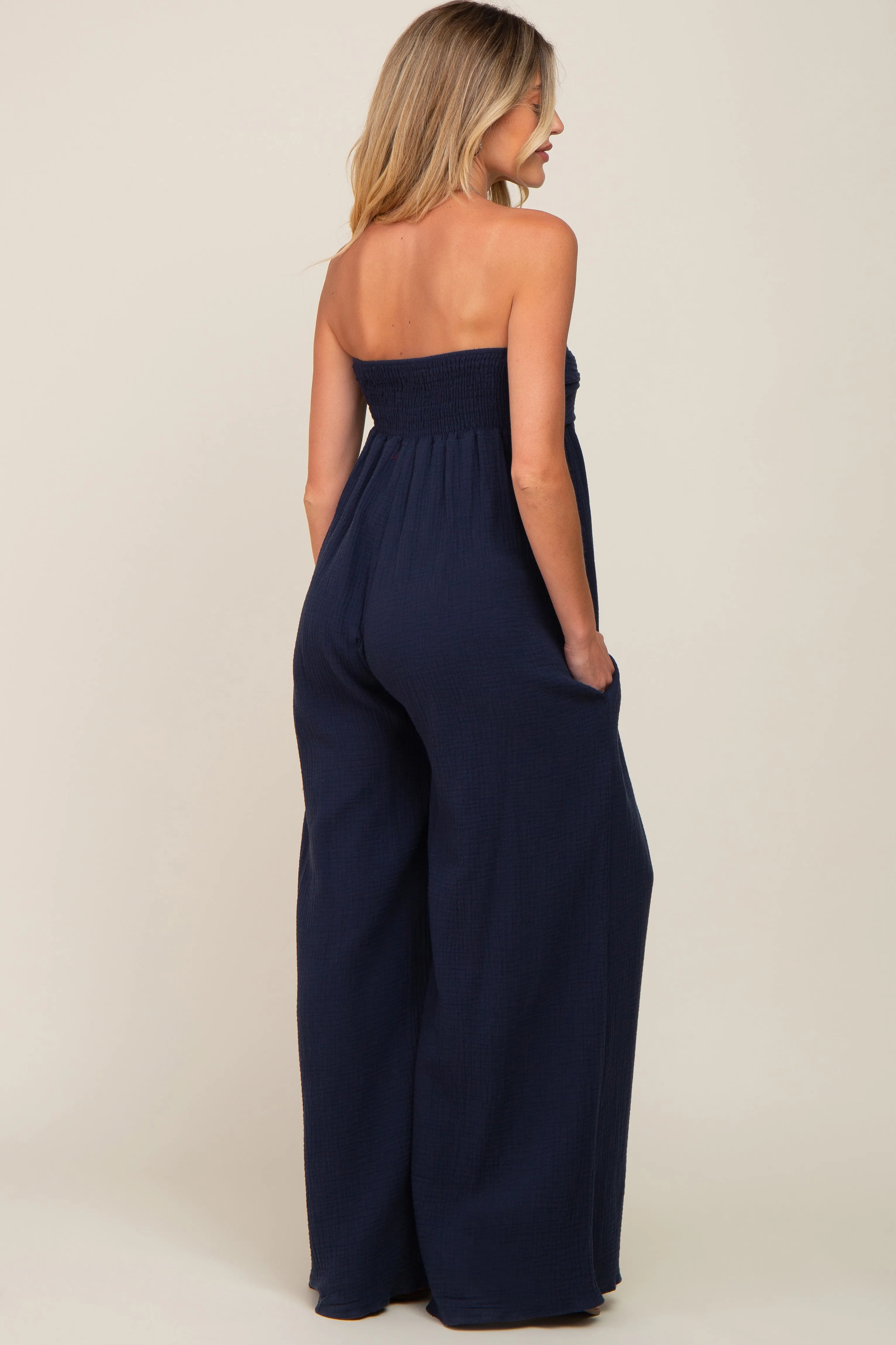 Navy Strapless Front Twist Maternity Jumpsuit sold by Pinkblush product image thumbnail 3
