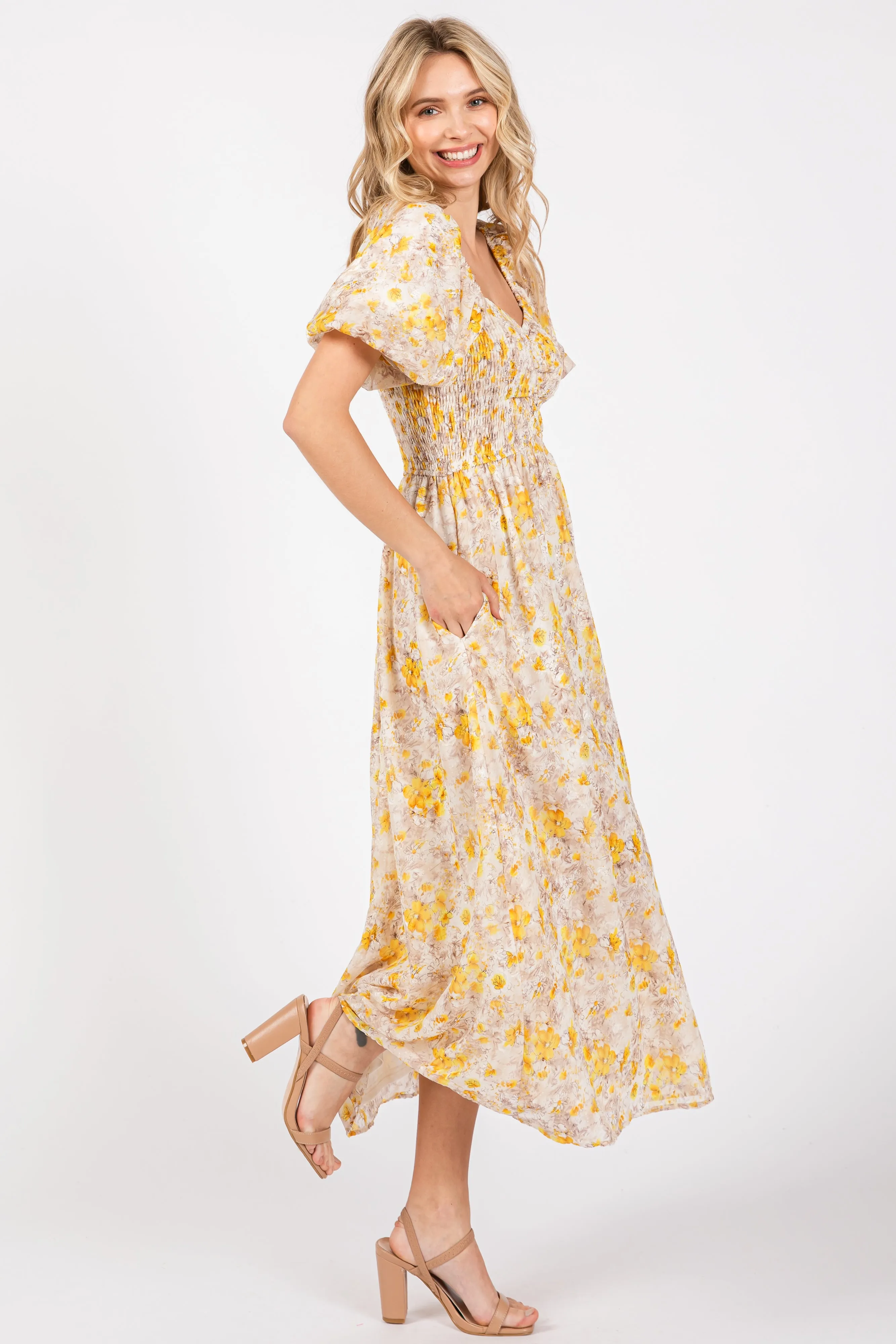 Yellow Floral Smocked Sweetheart Neck Short Puff Sleeve Midi Dress sold by Pinkblush product image thumbnail 2