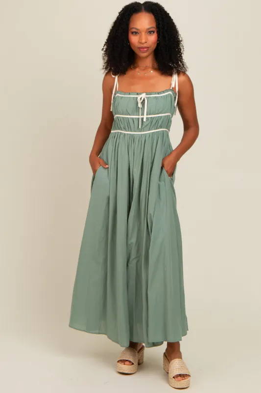 Light Olive Contrast Ribbon Trim Maxi Dress sold by Pinkblush