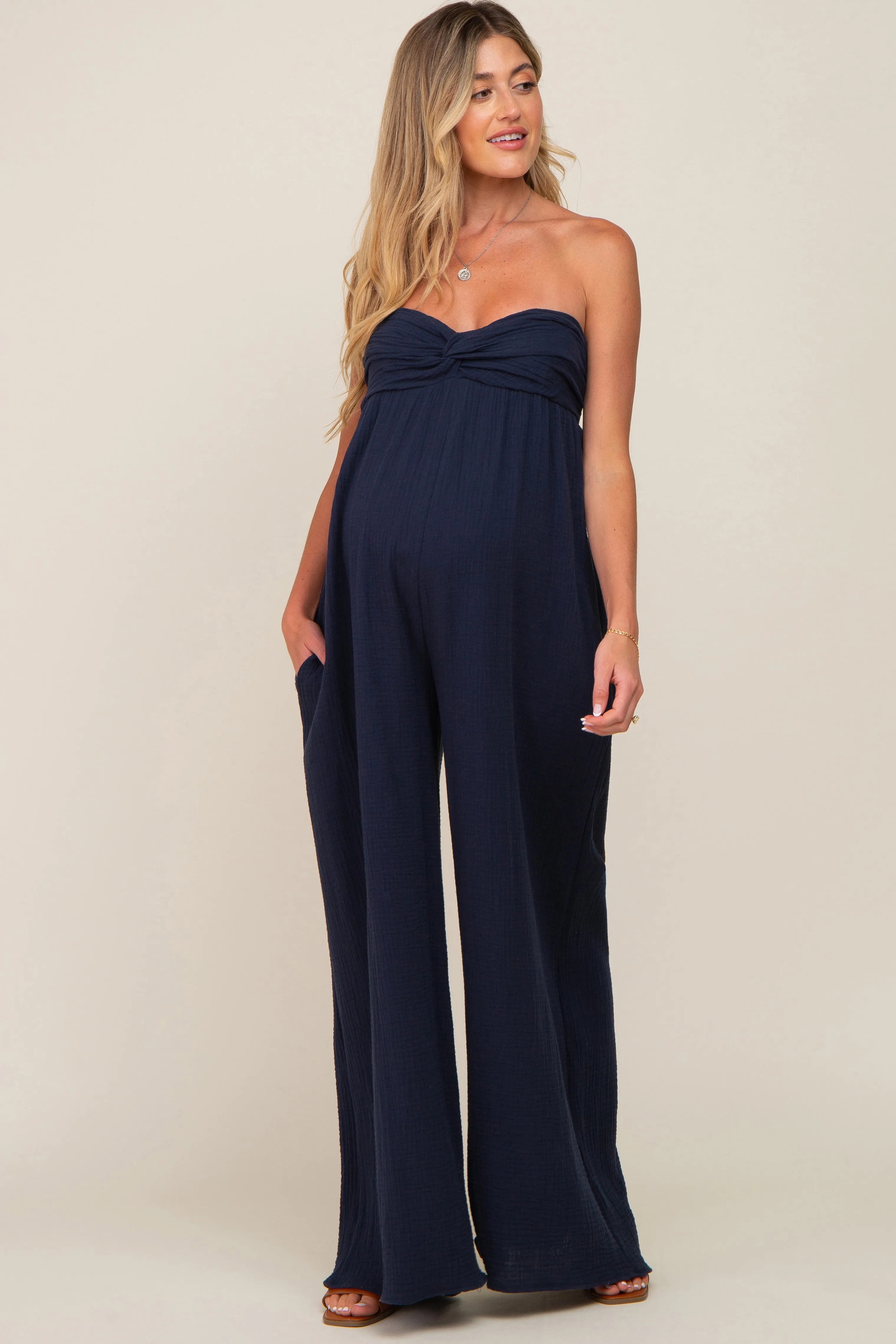 Navy Strapless Front Twist Maternity Jumpsuit sold by Pinkblush