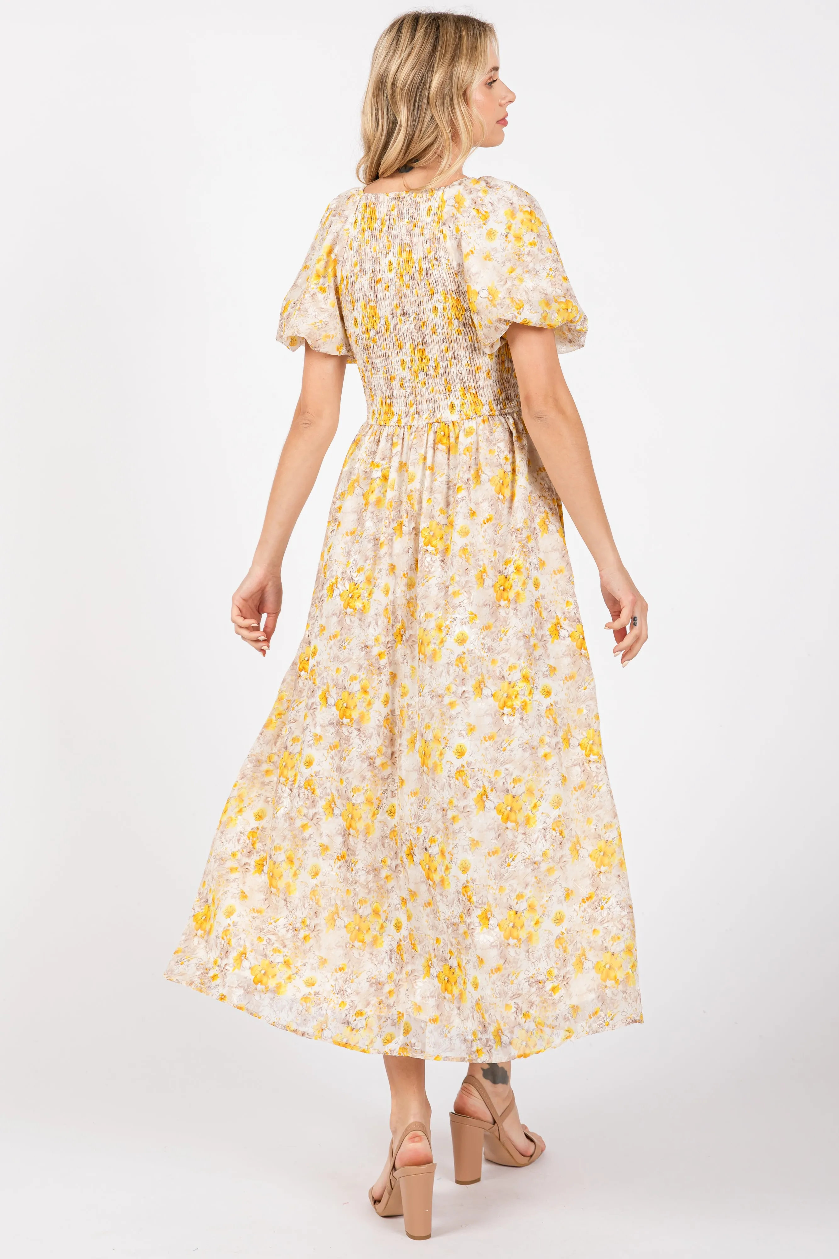Yellow Floral Smocked Sweetheart Neck Short Puff Sleeve Midi Dress sold by Pinkblush product image thumbnail 3