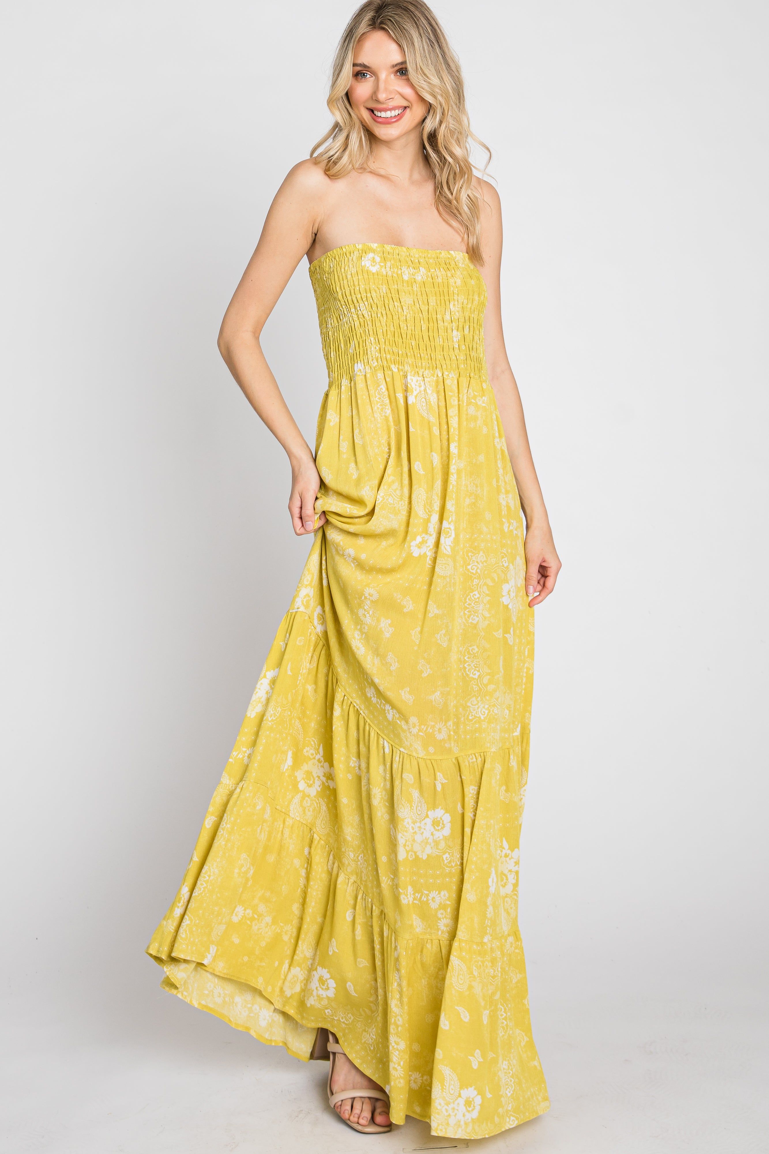 Yellow Floral Paisley Smocked Strapless Maxi Dress sold by Pinkblush product image thumbnail 3
