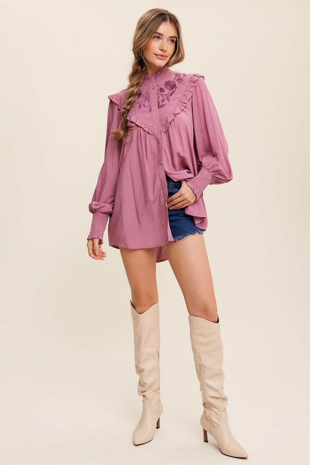 Mauve Flower Embroidered Ruffle Button Down Top sold by Pinkblush product image thumbnail 4