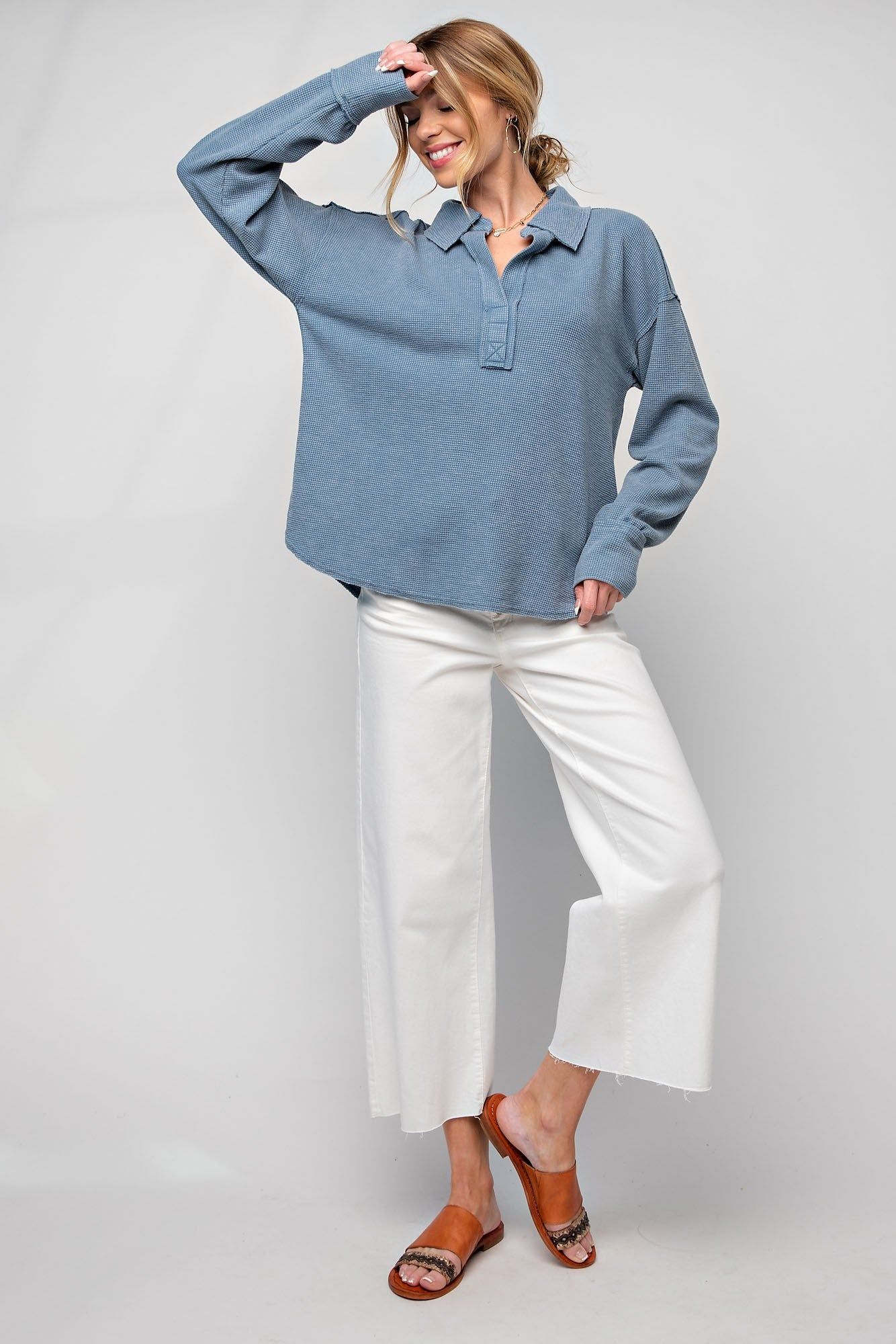 Washed Denim Washed Thermal Henley Knit Top sold by Pinkblush product image thumbnail 3