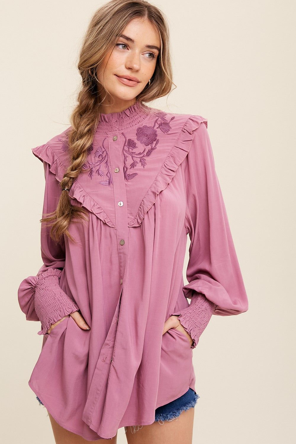 Mauve Flower Embroidered Ruffle Button Down Top sold by Pinkblush