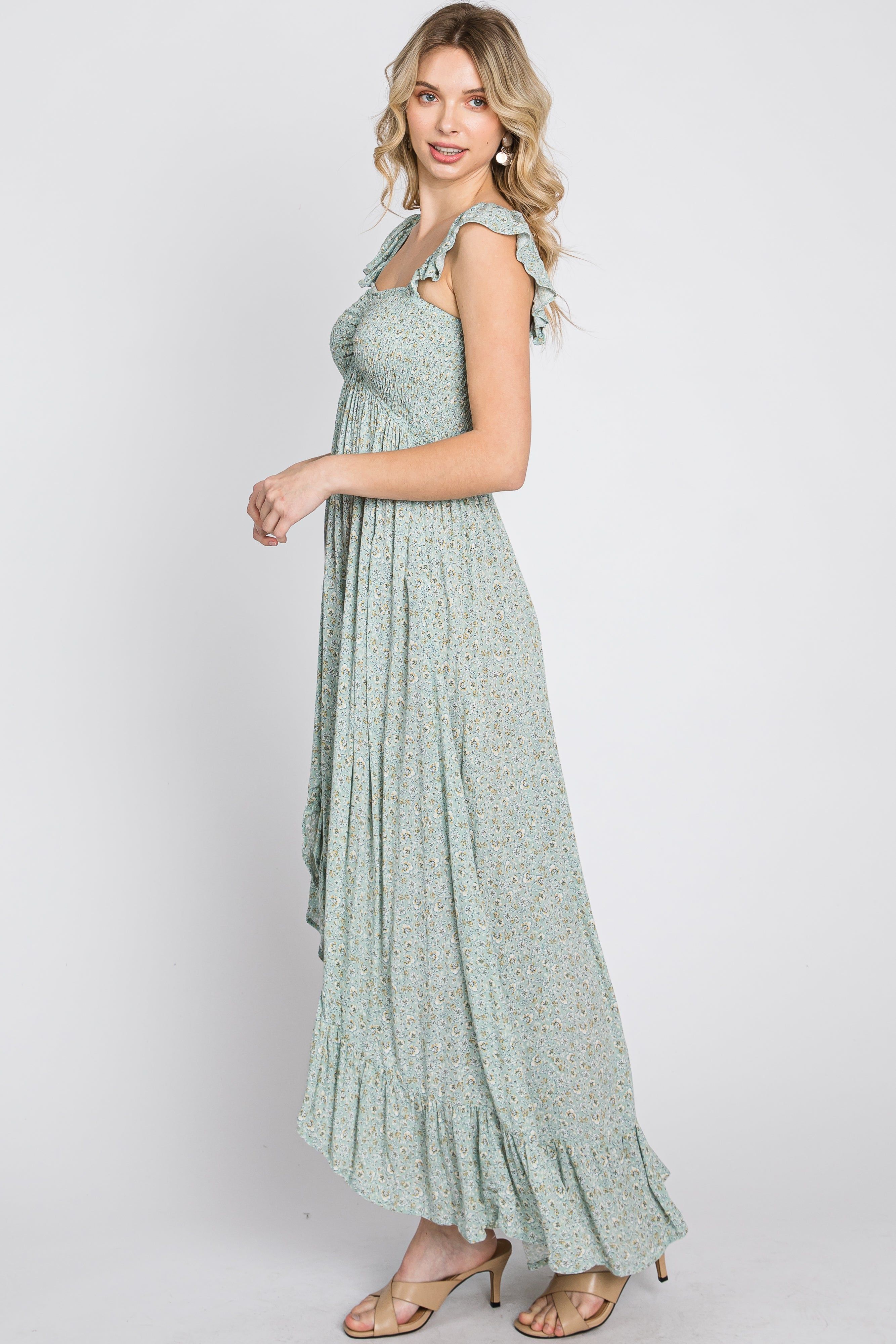 Sage Floral Smocked Hi-Low Maxi Dress sold by Pinkblush product image thumbnail 4
