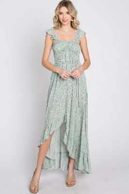 Sage Floral Smocked Hi-Low Maxi Dress sold by Pinkblush