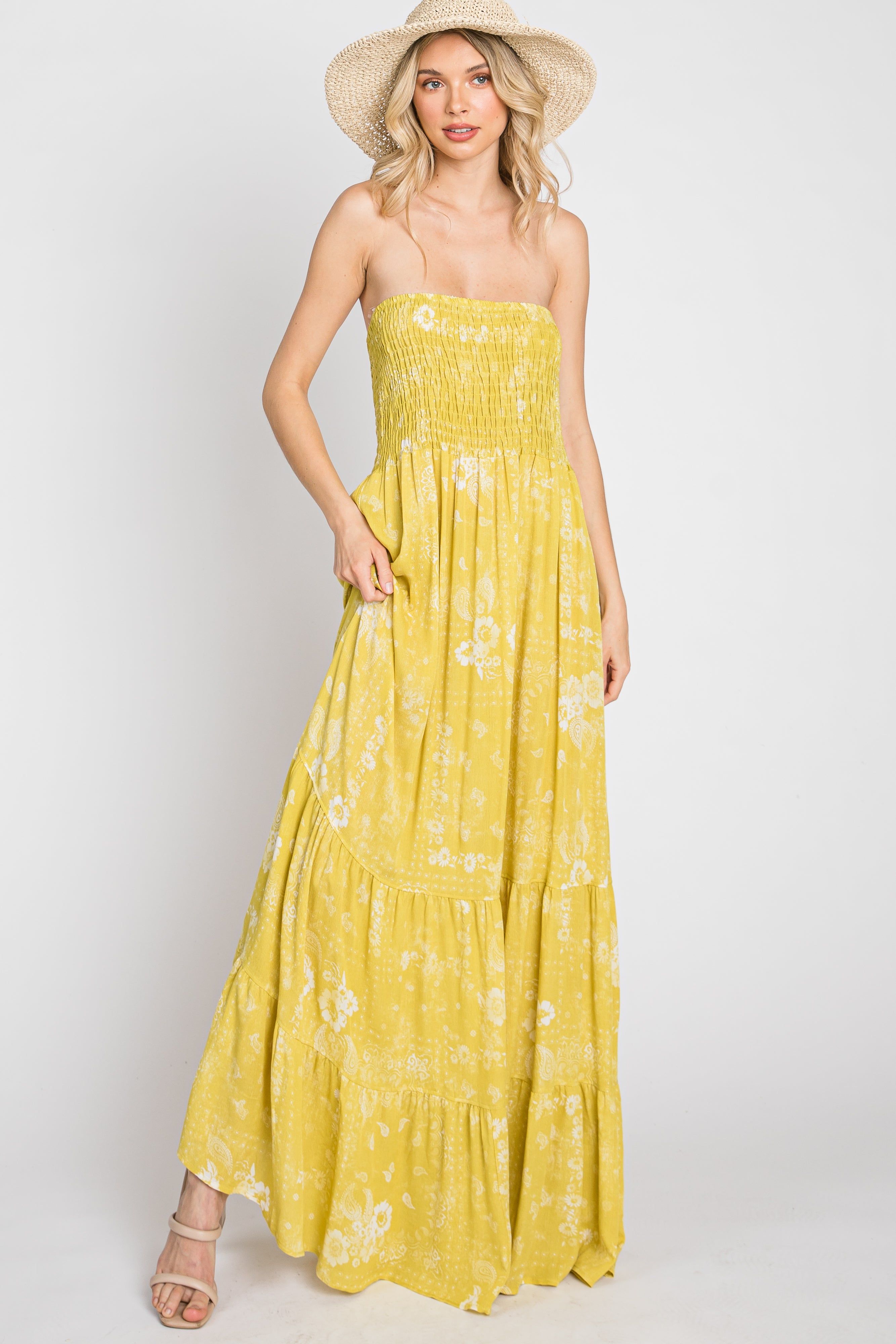Yellow Floral Paisley Smocked Strapless Maxi Dress sold by Pinkblush