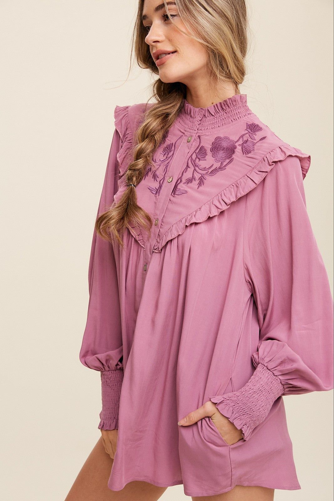 Mauve Flower Embroidered Ruffle Button Down Top sold by Pinkblush product image thumbnail 2