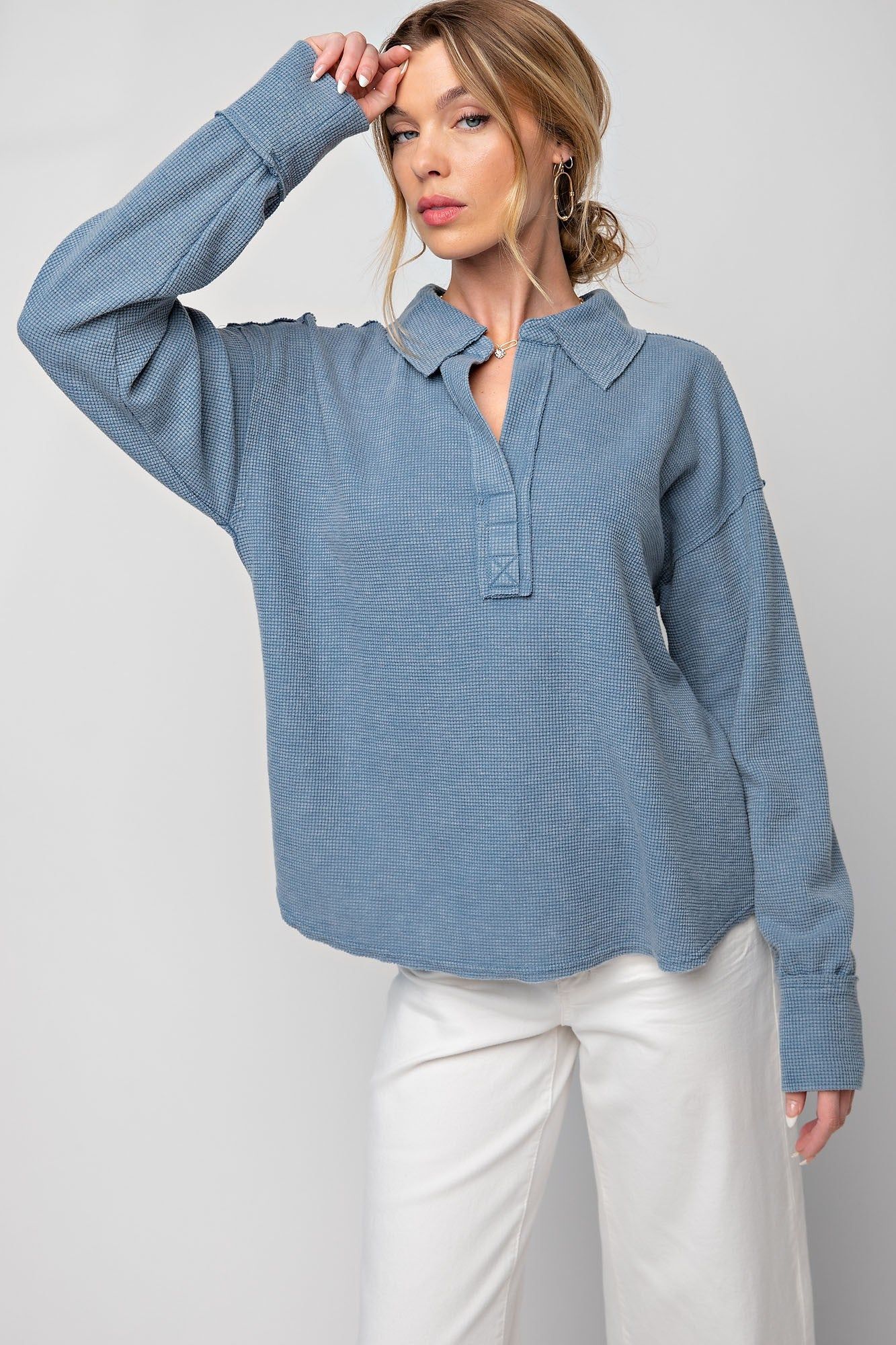 Washed Denim Washed Thermal Henley Knit Top sold by Pinkblush