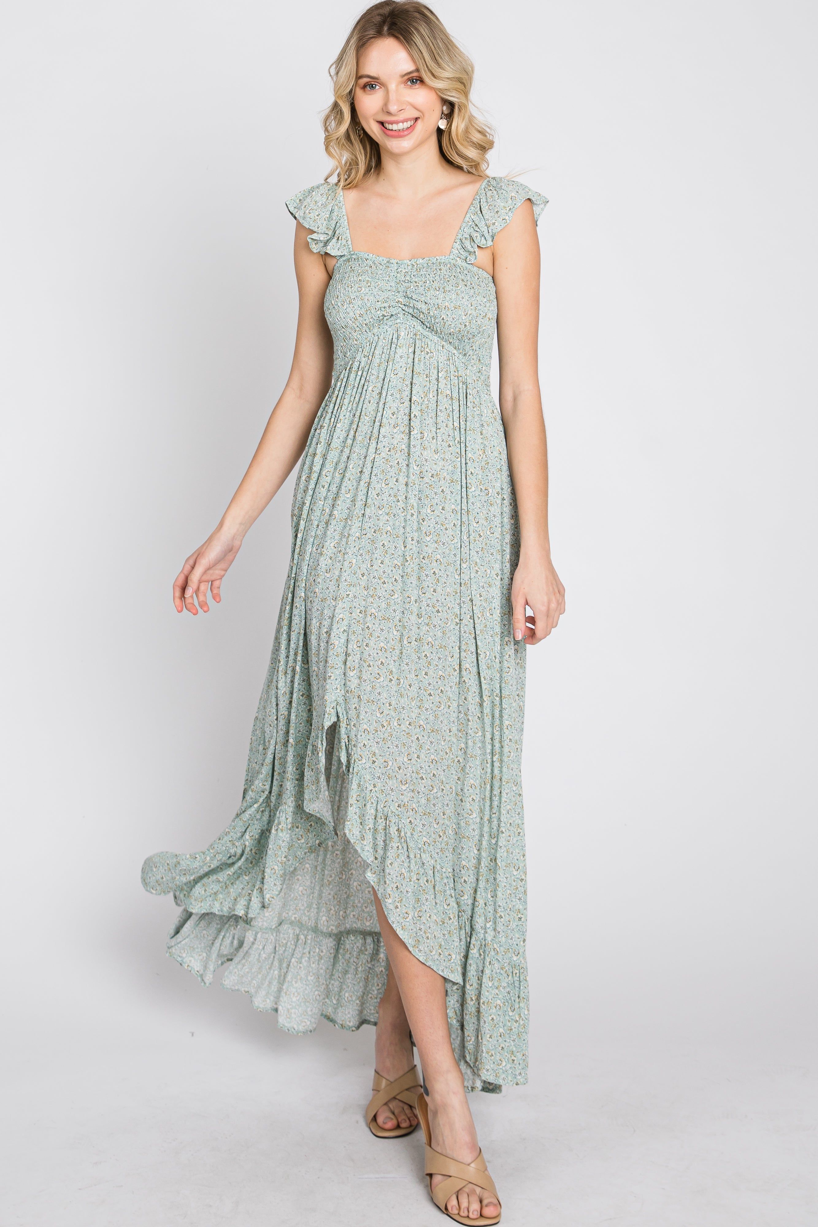 Sage Floral Smocked Hi-Low Maxi Dress sold by Pinkblush product image thumbnail 2