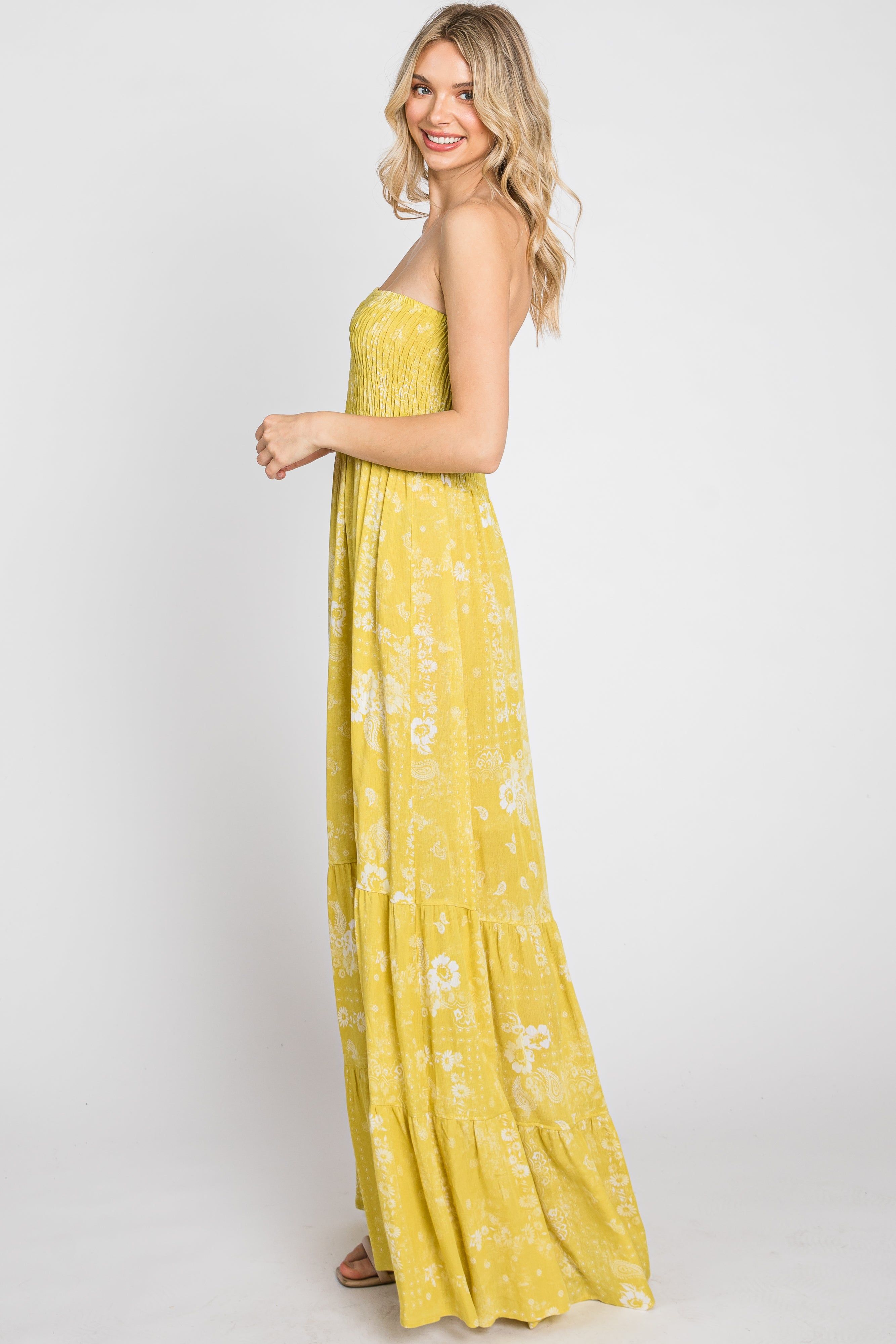 Yellow Floral Paisley Smocked Strapless Maxi Dress sold by Pinkblush product image thumbnail 5