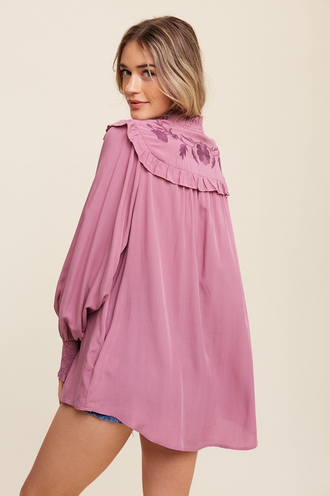 Mauve Flower Embroidered Ruffle Button Down Top sold by Pinkblush product image thumbnail 3