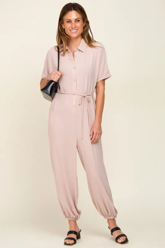 Beige Button Up Jumpsuit sold by Pinkblush