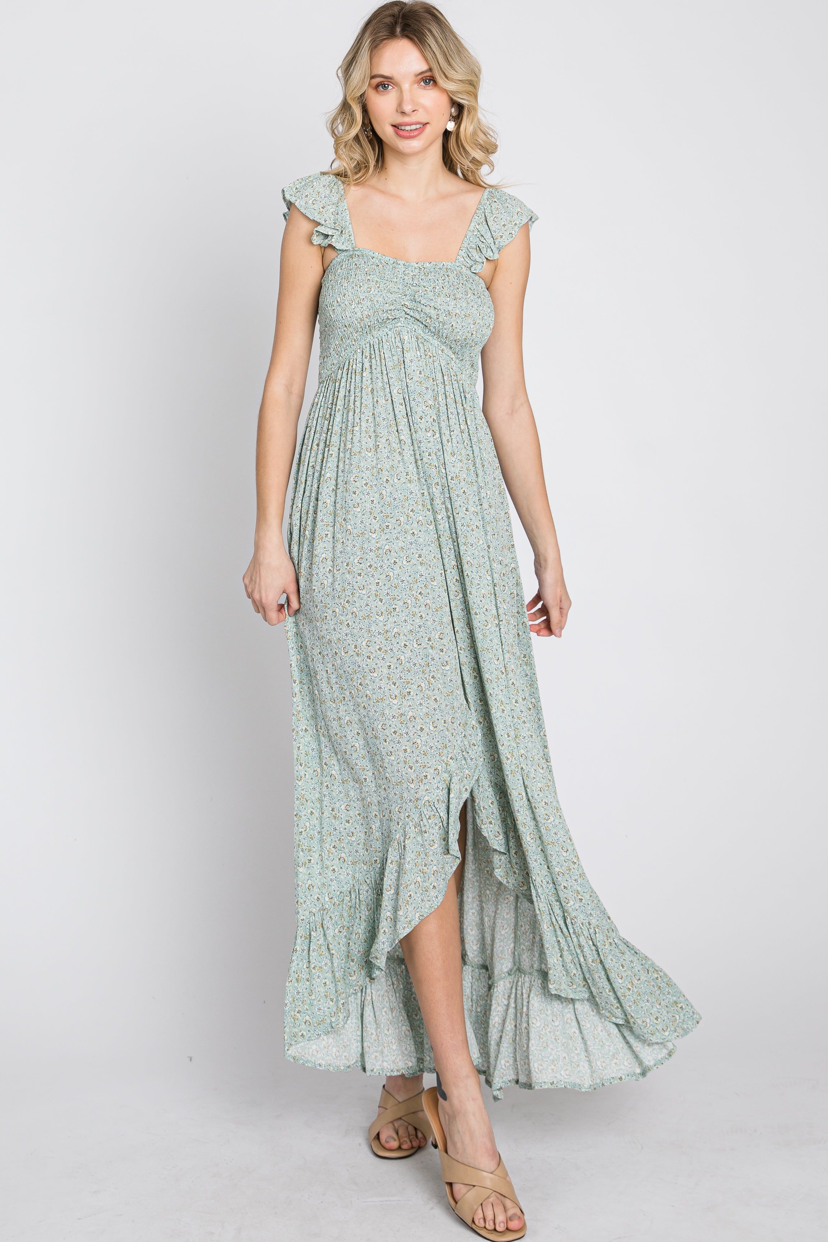 Sage Floral Smocked Hi-Low Maxi Dress sold by Pinkblush product image thumbnail 3