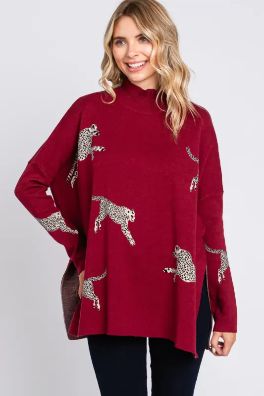 Burgundy Animal Print Side Slit Sweater sold by Pinkblush