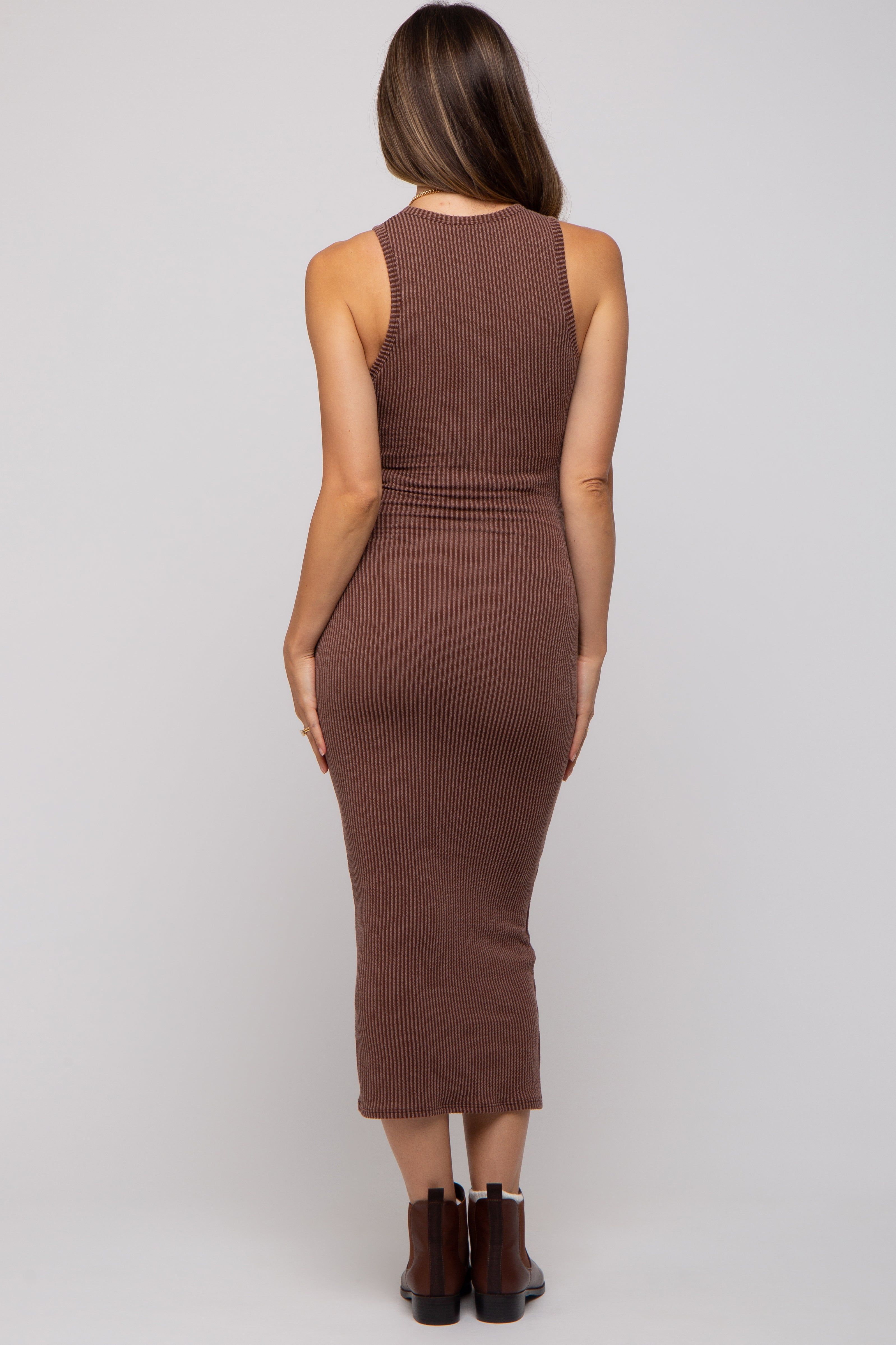 Brown Ribbed Maternity Fitted Midi Dress sold by Pinkblush product image thumbnail 4