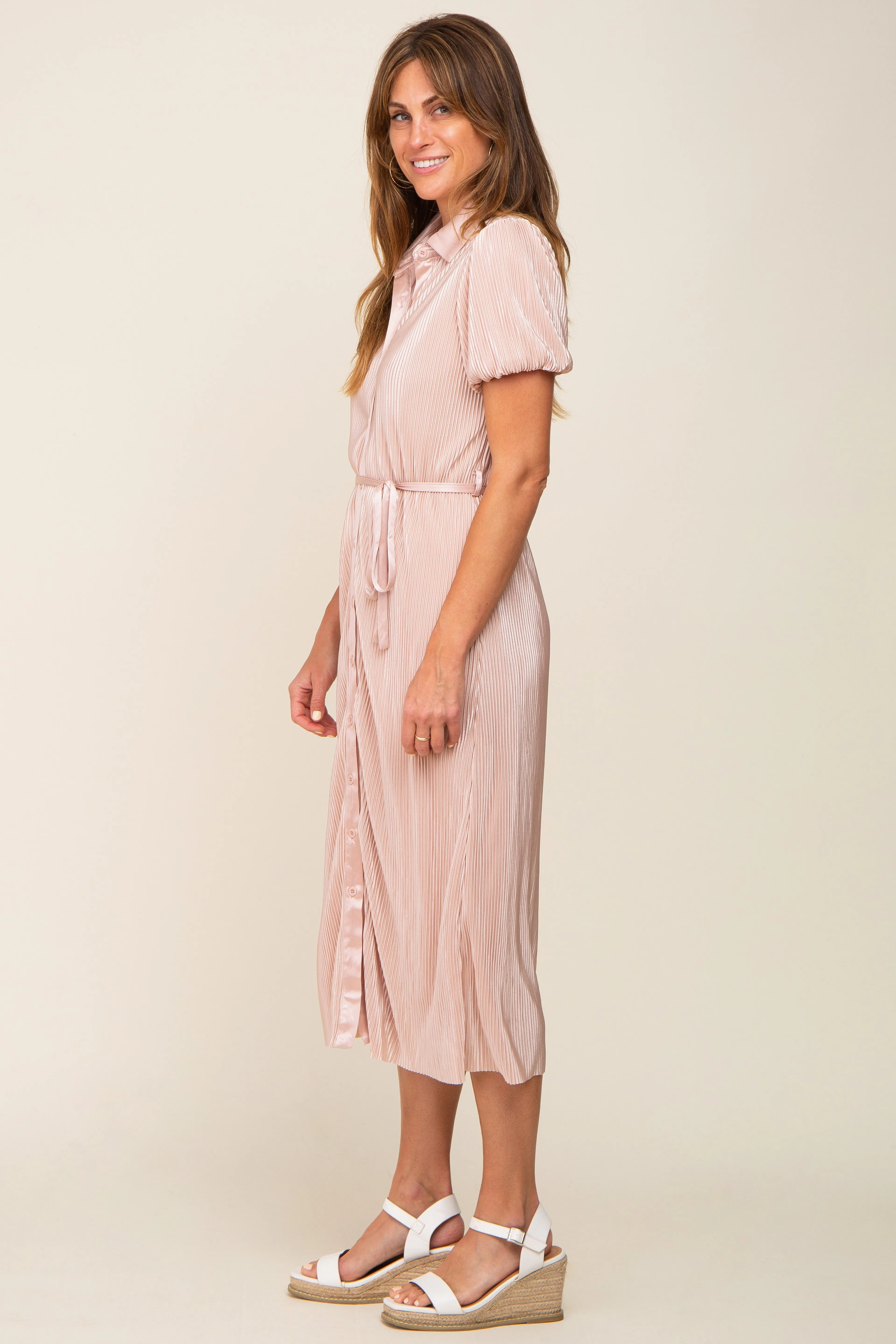 Light Pink Pleated Button-Down Collared Midi Dress sold by Pinkblush product image thumbnail 2