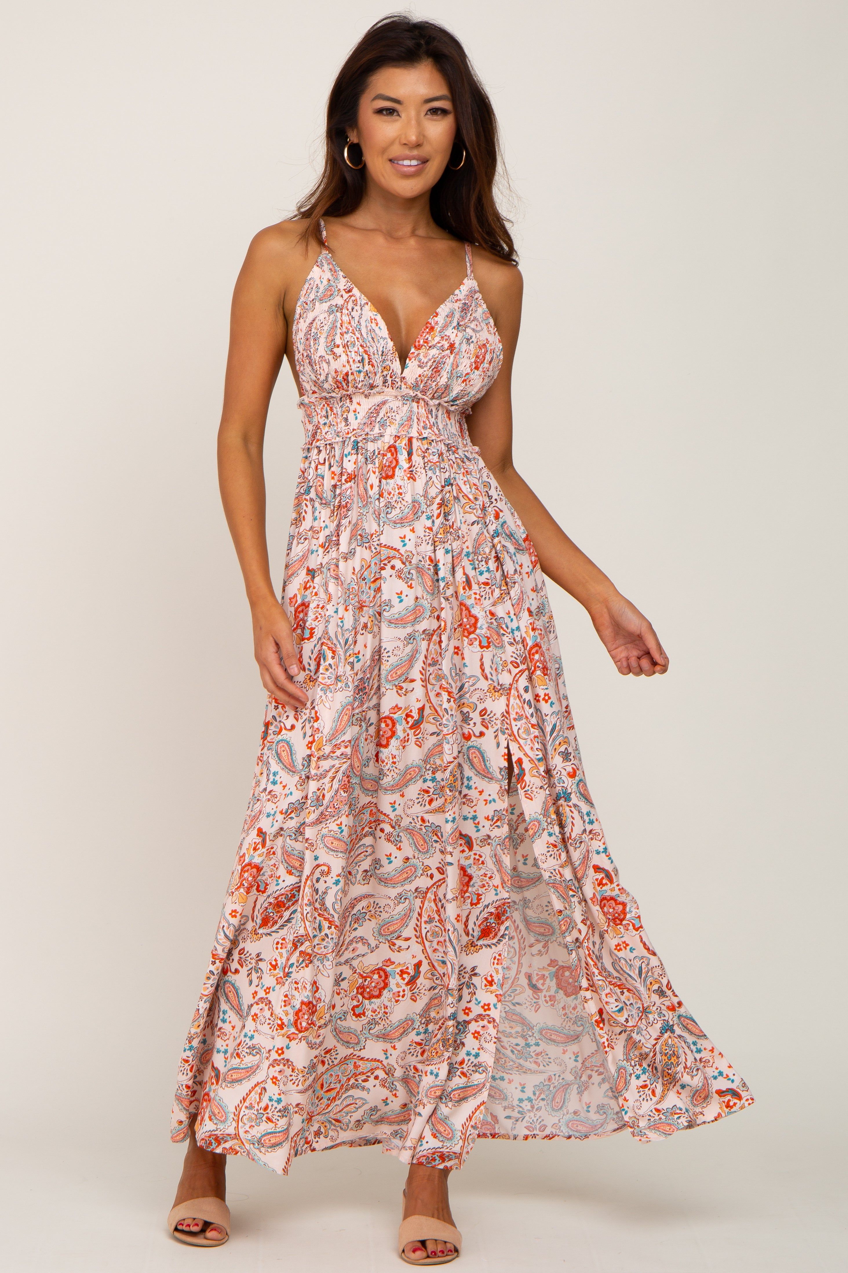 Peach Paisley Deep V-Neck Maxi Dress sold by Pinkblush