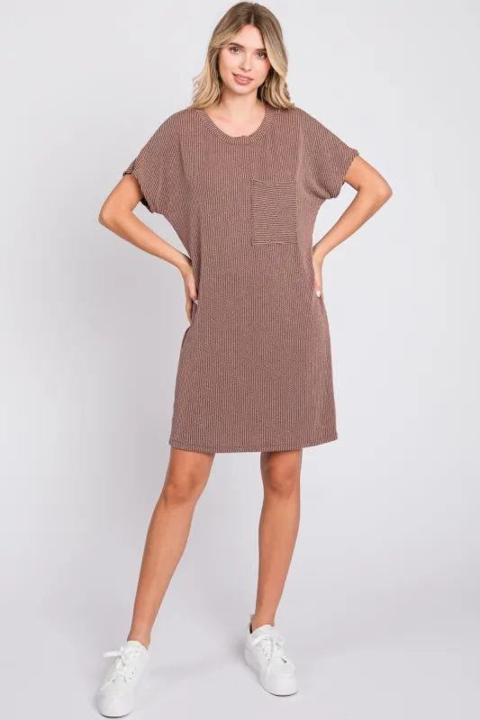 Taupe Ribbed Front Pocket Dolman Short Sleeve Dress sold by Pinkblush