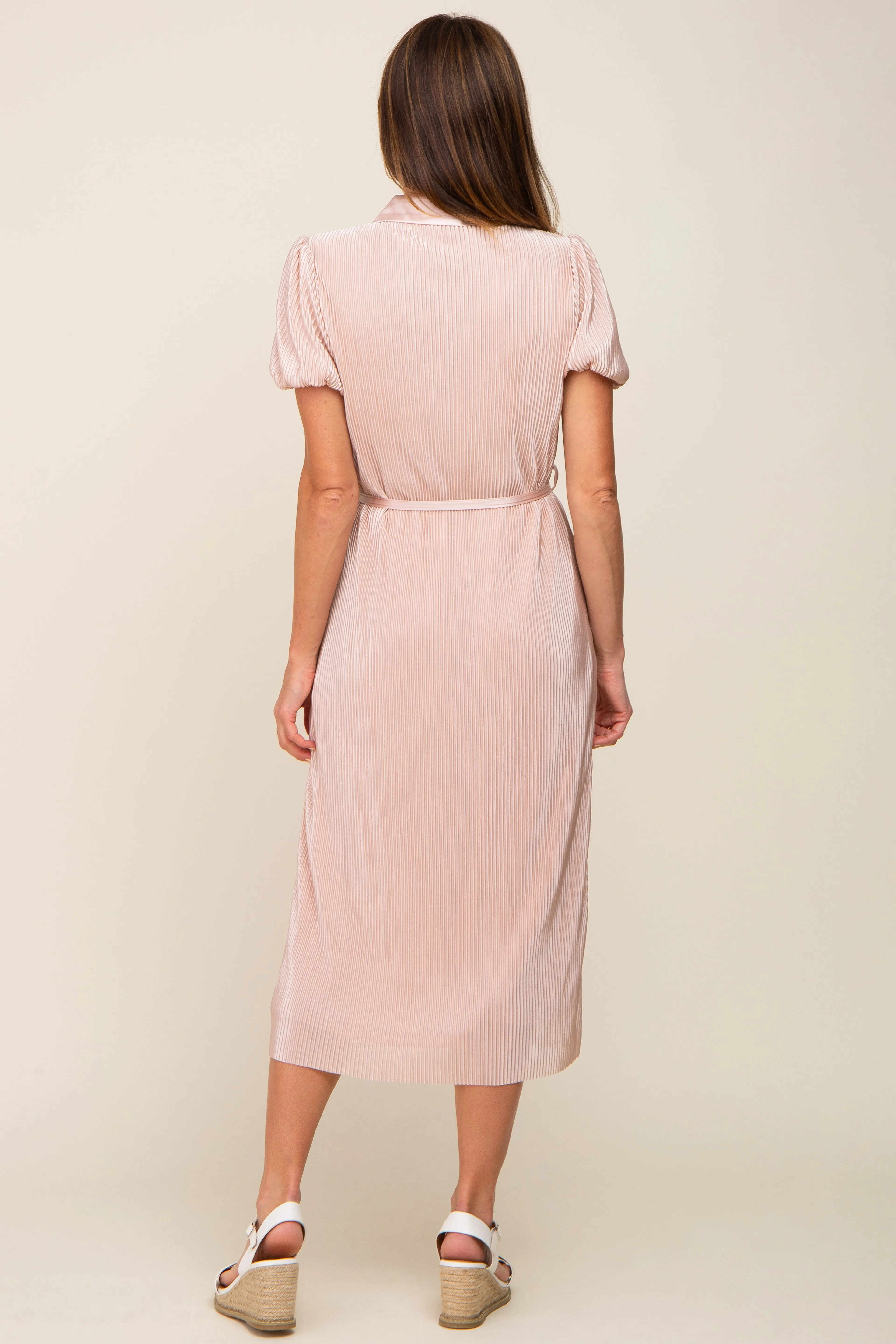 Light Pink Pleated Button-Down Collared Midi Dress sold by Pinkblush product image thumbnail 3