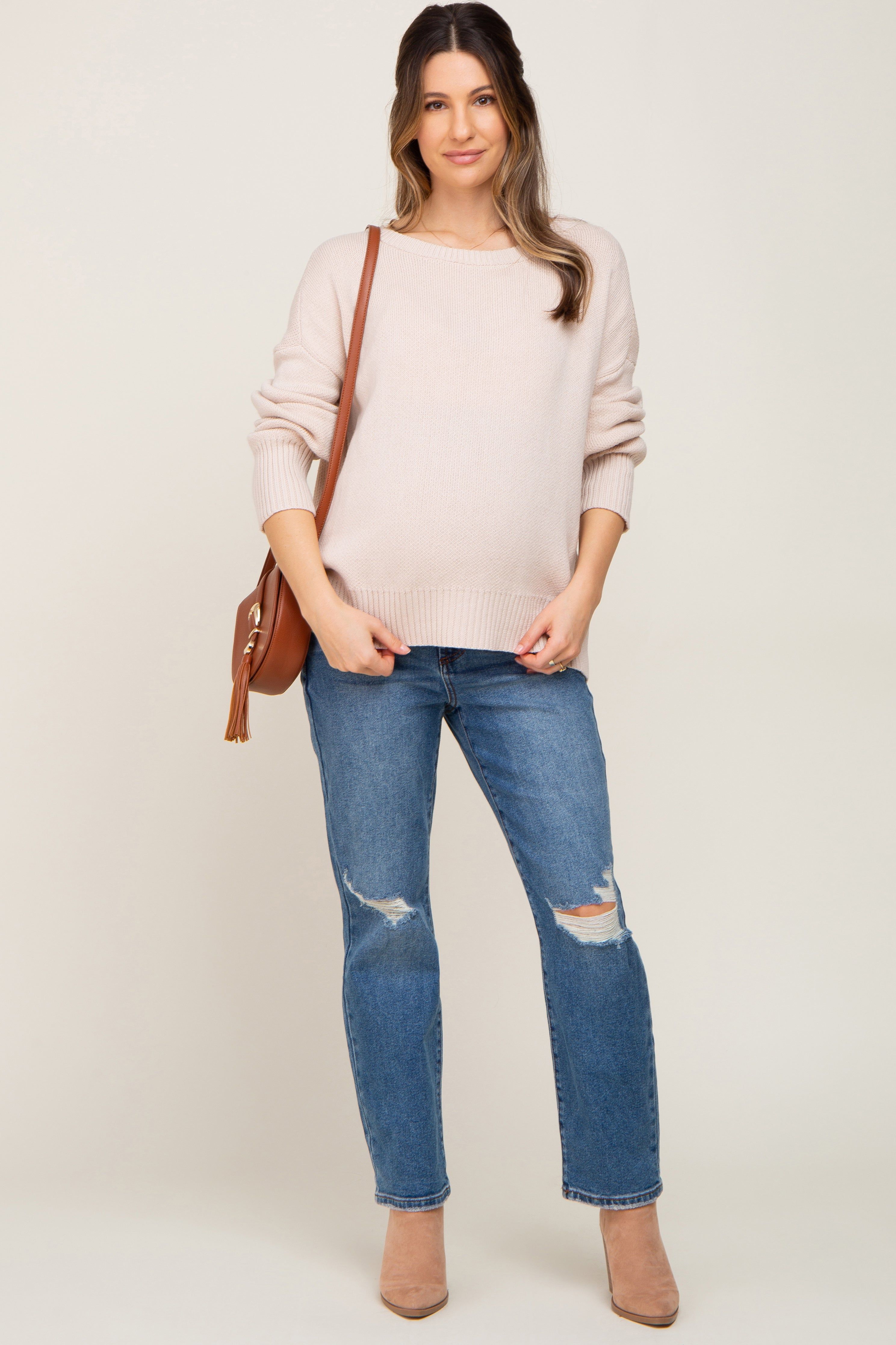 Blue Medium Wash Distressed Straight Maternity Jean sold by Pinkblush