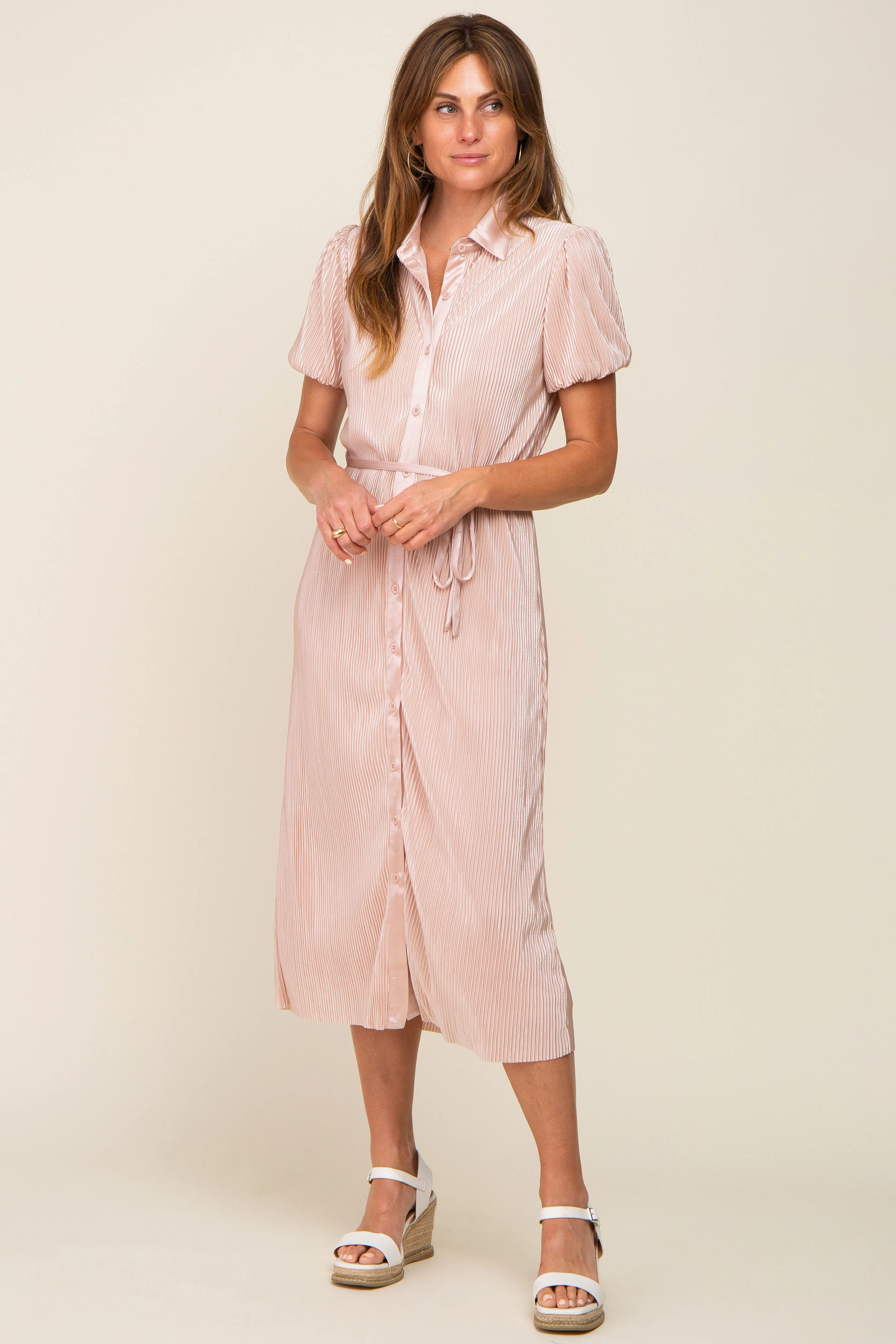 Light Pink Pleated Button-Down Collared Midi Dress sold by Pinkblush product image thumbnail 4