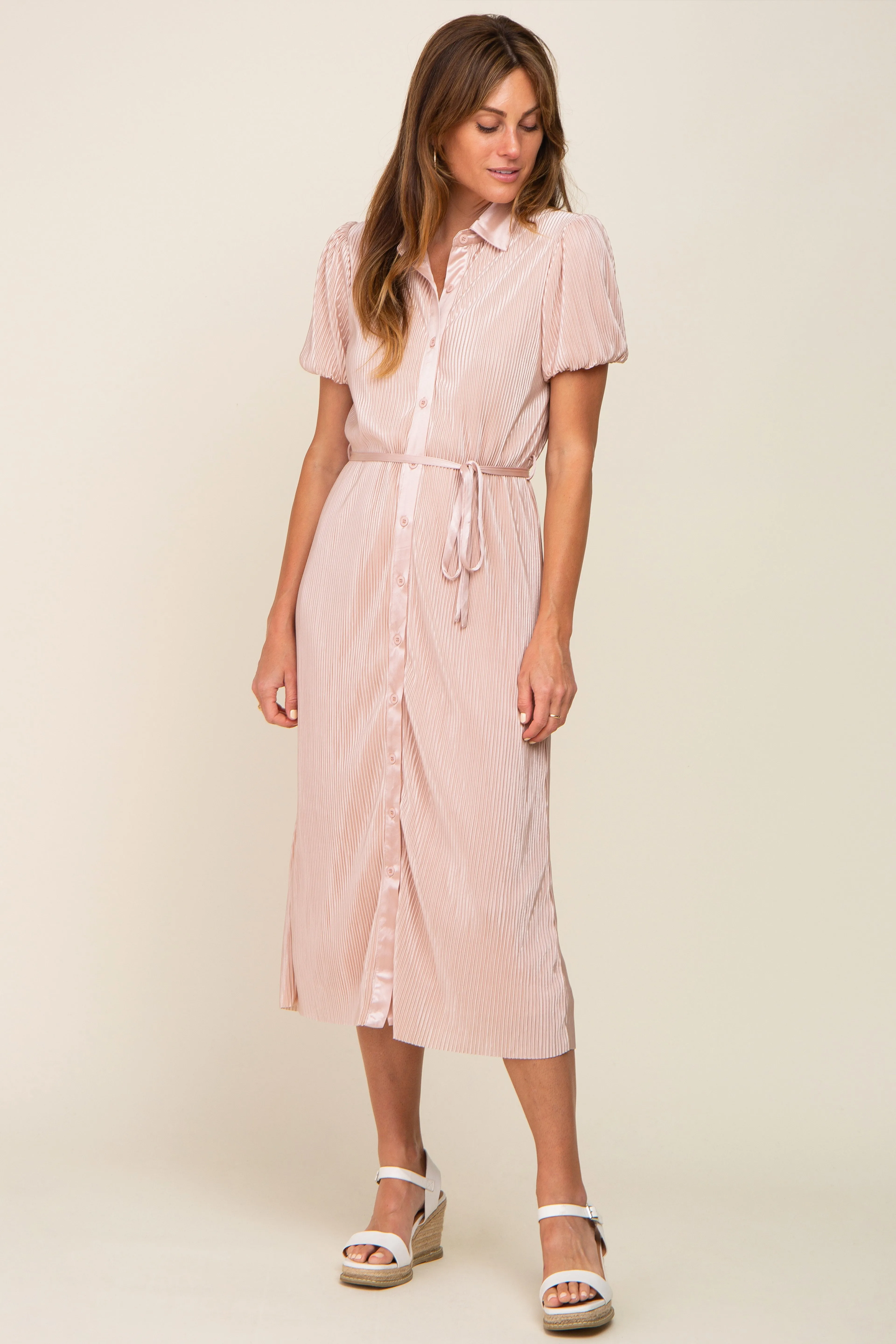 Light Pink Pleated Button-Down Collared Midi Dress sold by Pinkblush