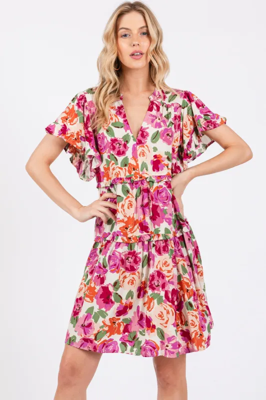 Cream Floral Ruffle Tiered V-Neck Dress sold by Pinkblush