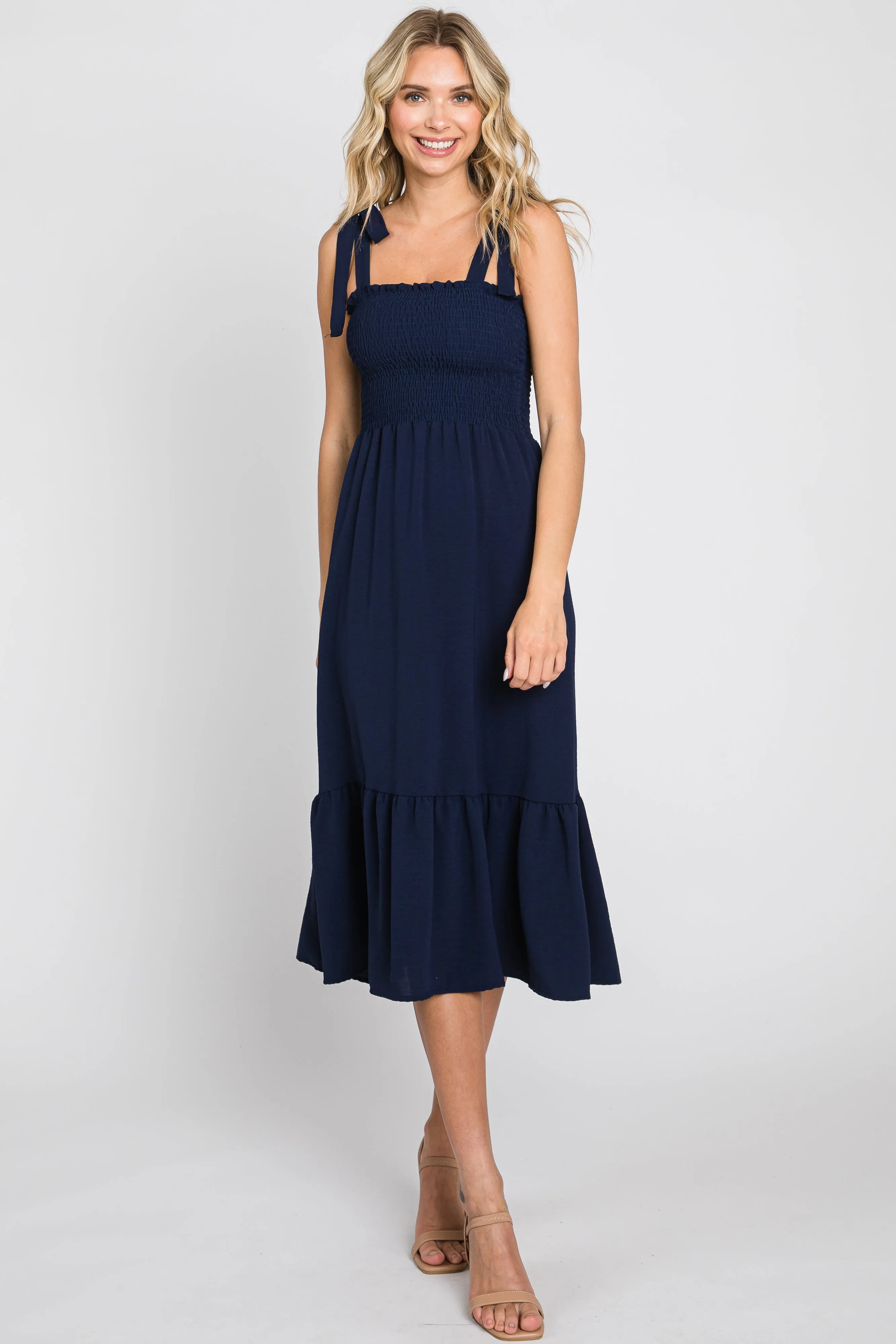 Navy Smocked Shoulder Tie Midi Dress sold by Pinkblush