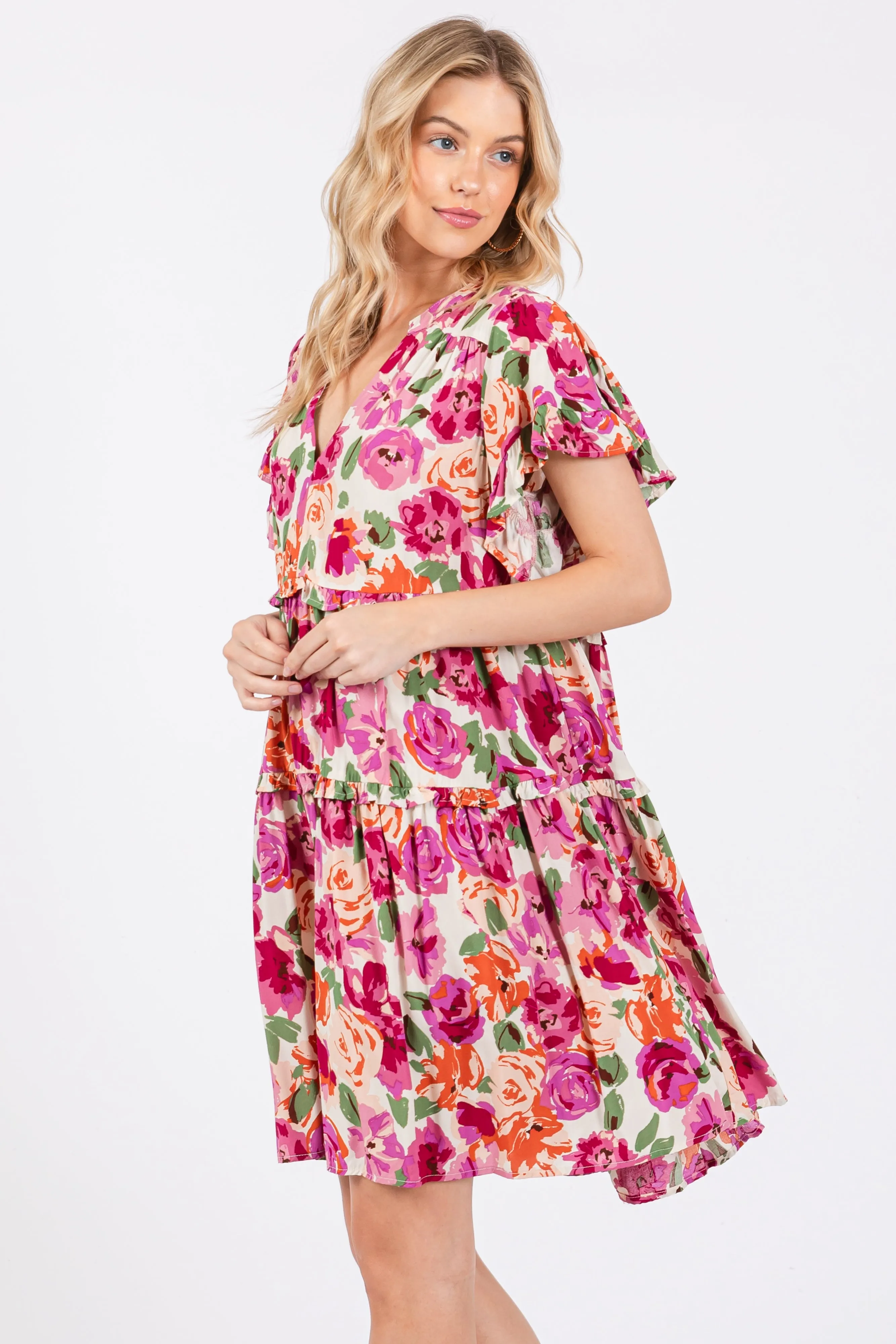 Cream Floral Ruffle Tiered V-Neck Dress sold by Pinkblush product image thumbnail 2