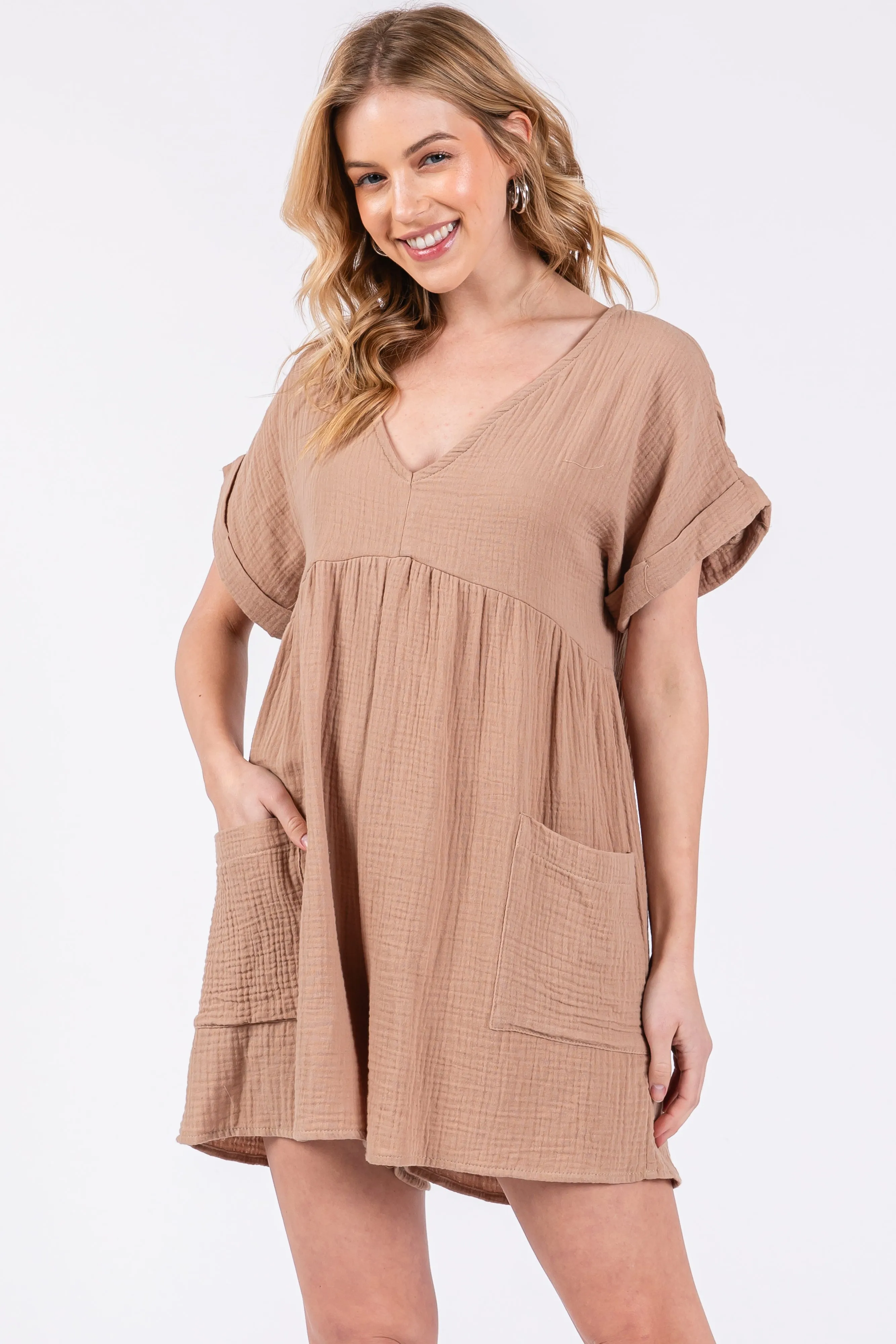 Mocha Gauze Short Sleeve Romper sold by Pinkblush