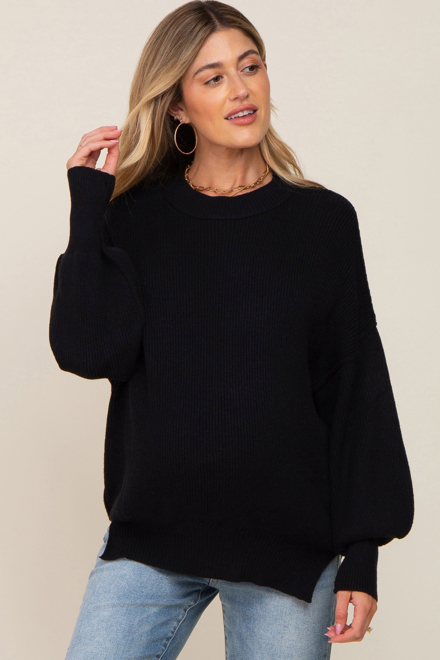Black Knit Mock Neck Maternity Sweater sold by Pinkblush