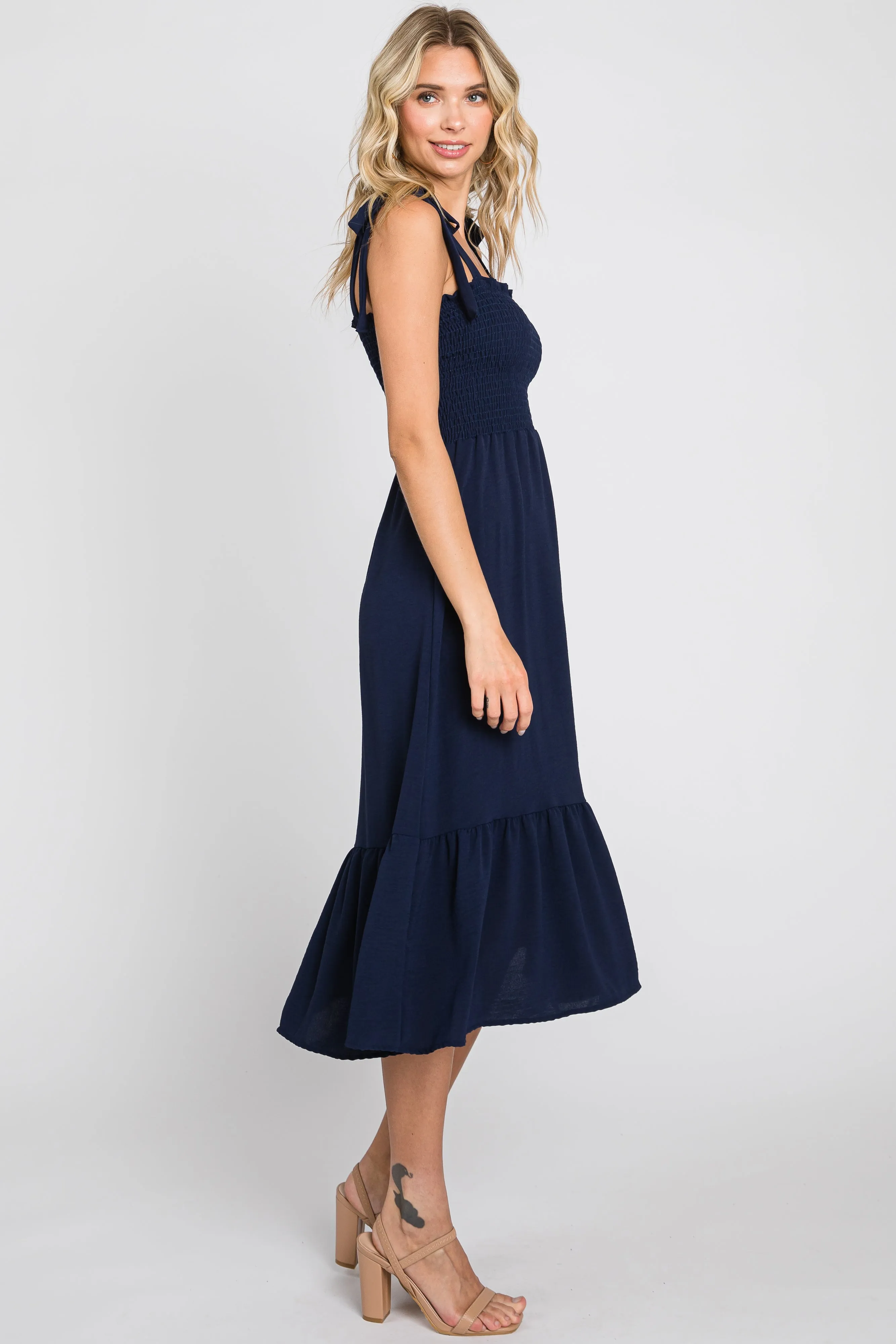 Navy Smocked Shoulder Tie Midi Dress sold by Pinkblush product image thumbnail 2
