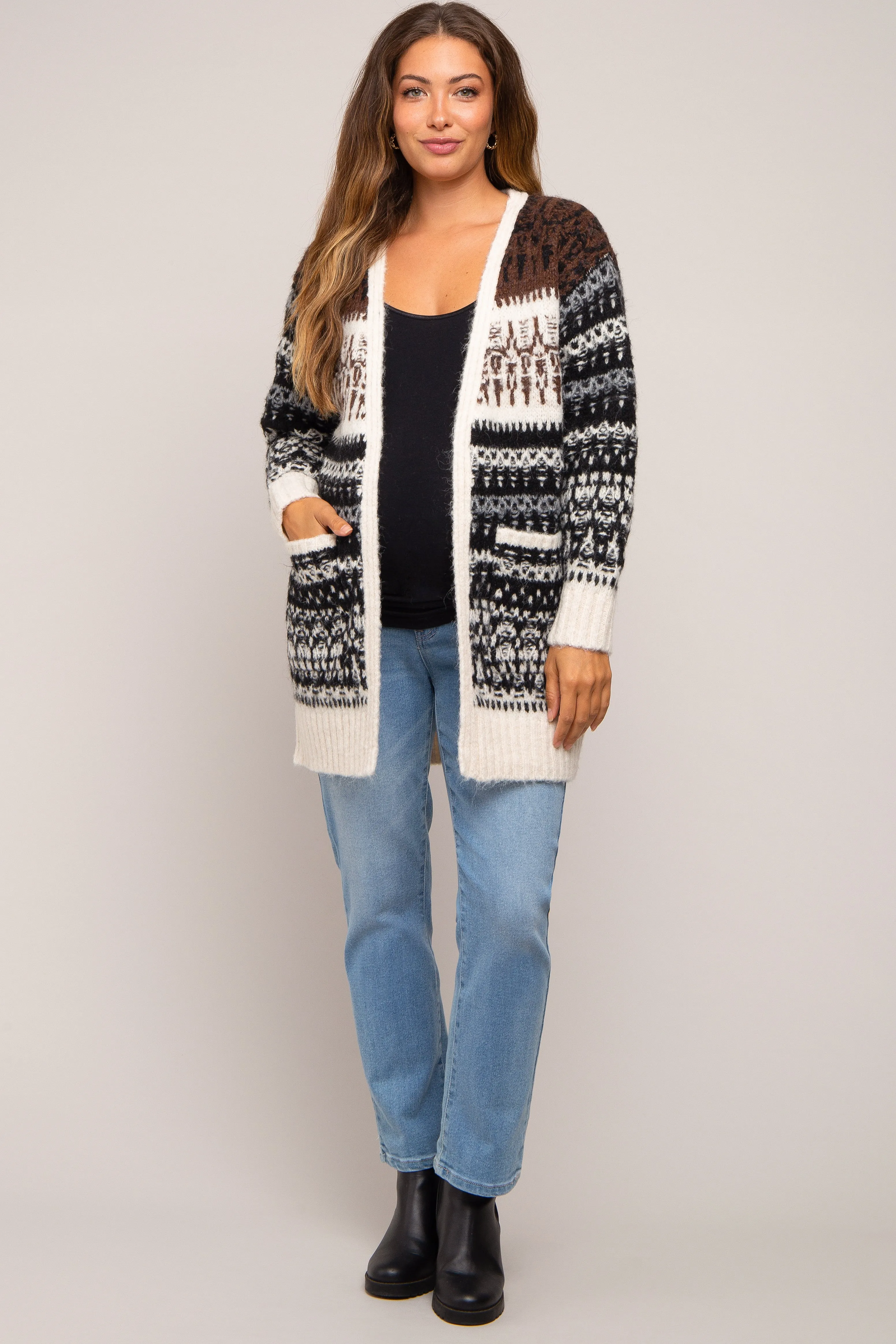 Black Pattern Fuzzy Knit Maternity Cardigan sold by Pinkblush