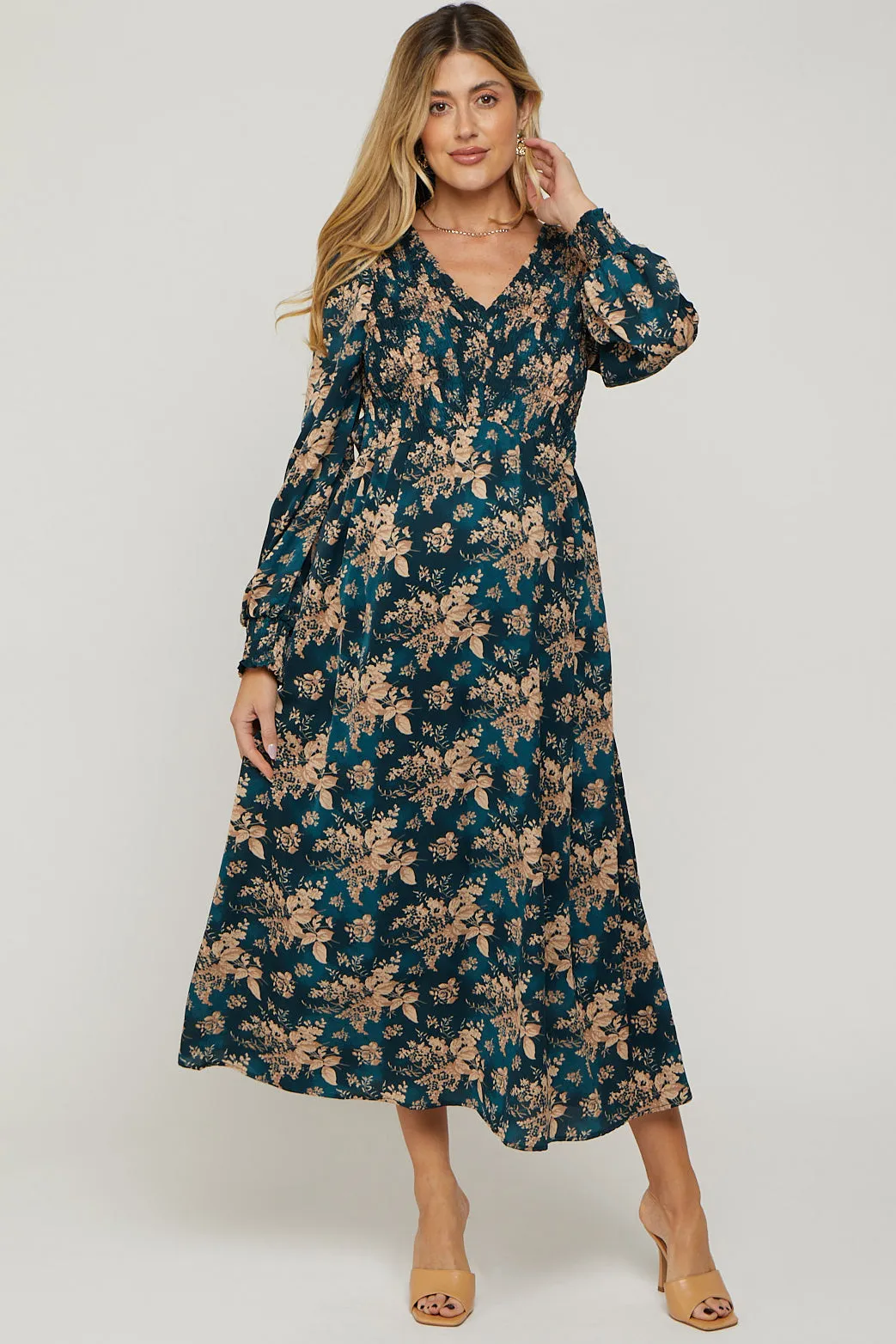 Teal Floral Long Sleeve Maternity Maxi Dress sold by Pinkblush