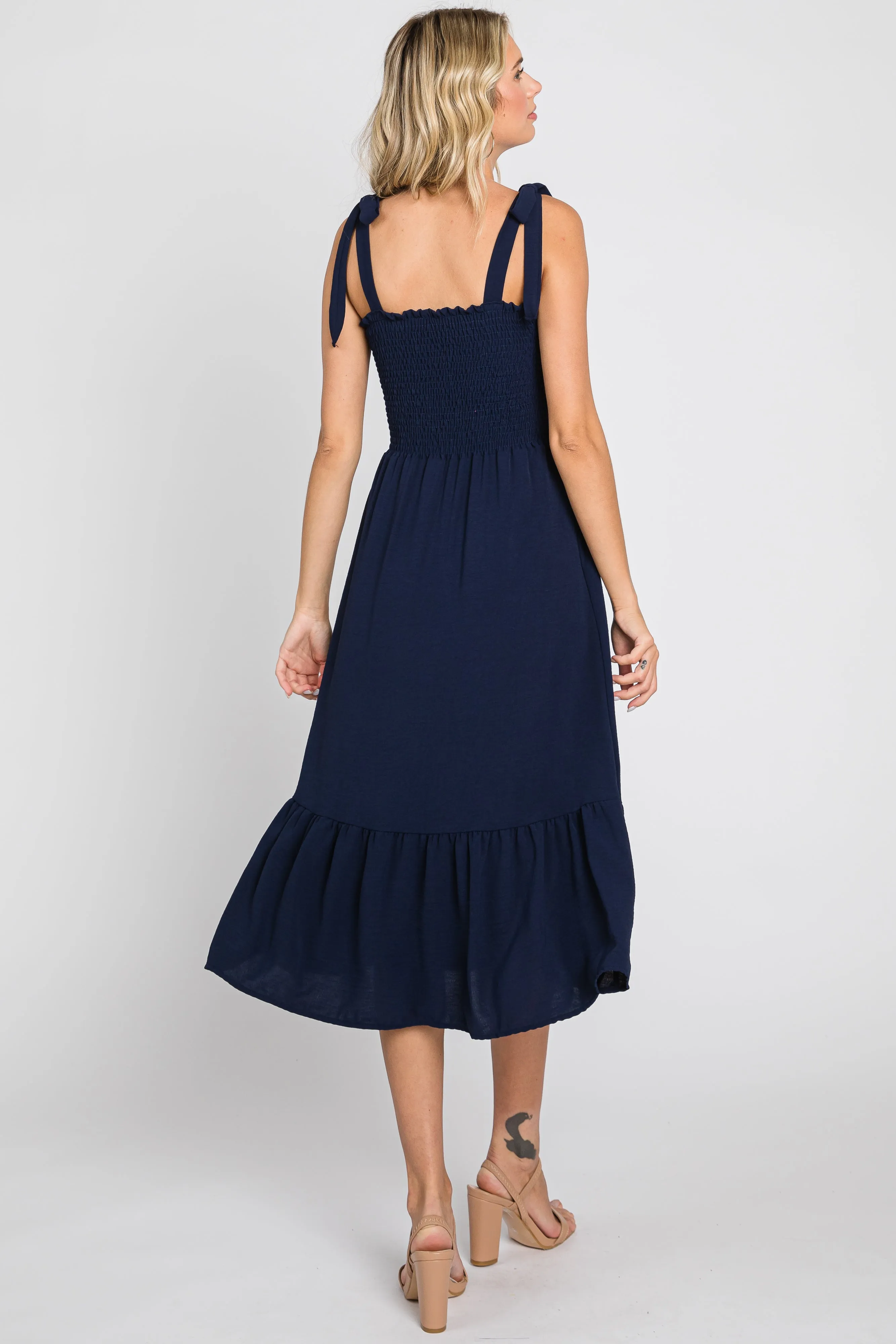 Navy Smocked Shoulder Tie Midi Dress sold by Pinkblush product image thumbnail 3