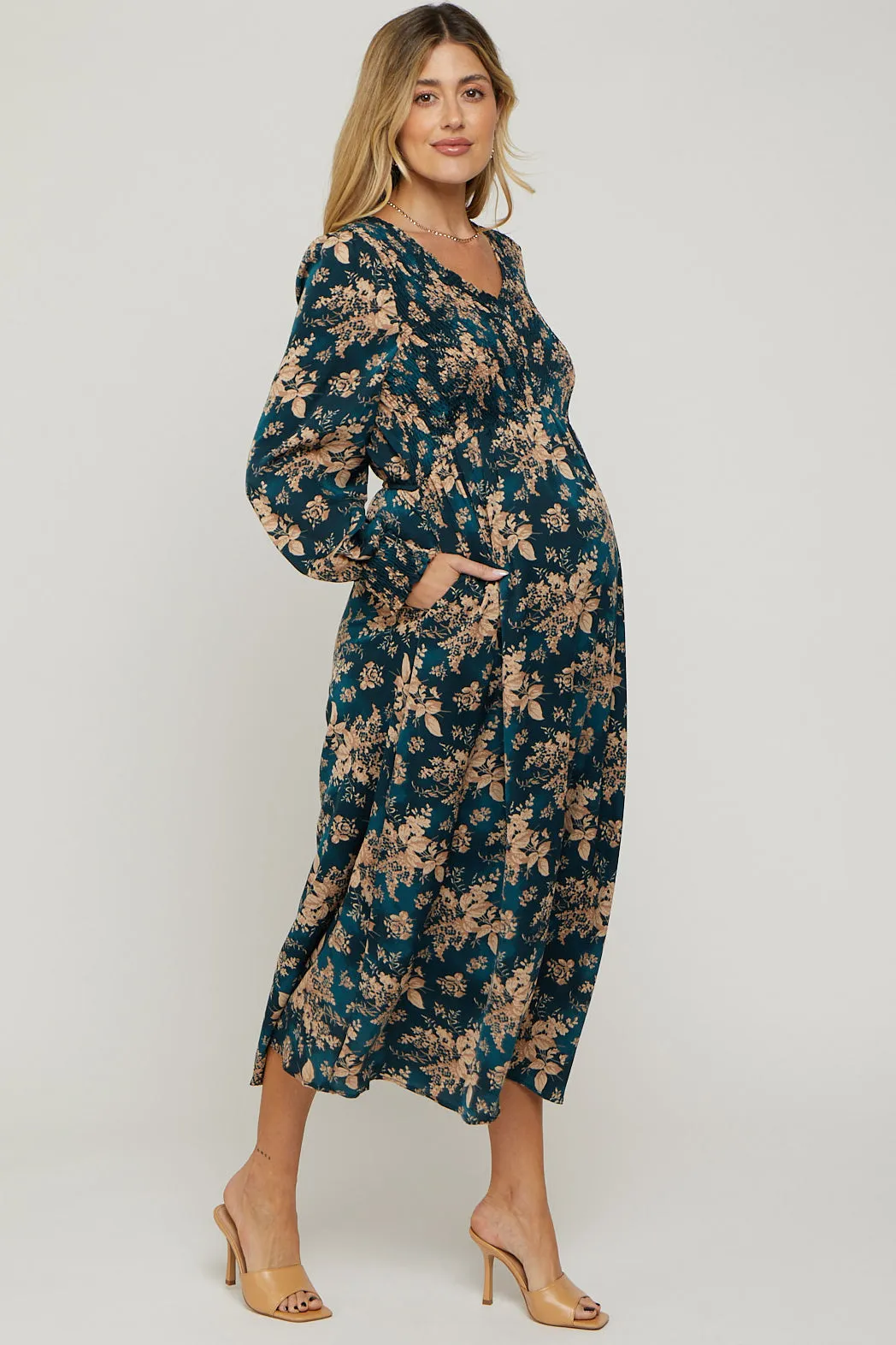 Teal Floral Long Sleeve Maternity Maxi Dress sold by Pinkblush product image thumbnail 2